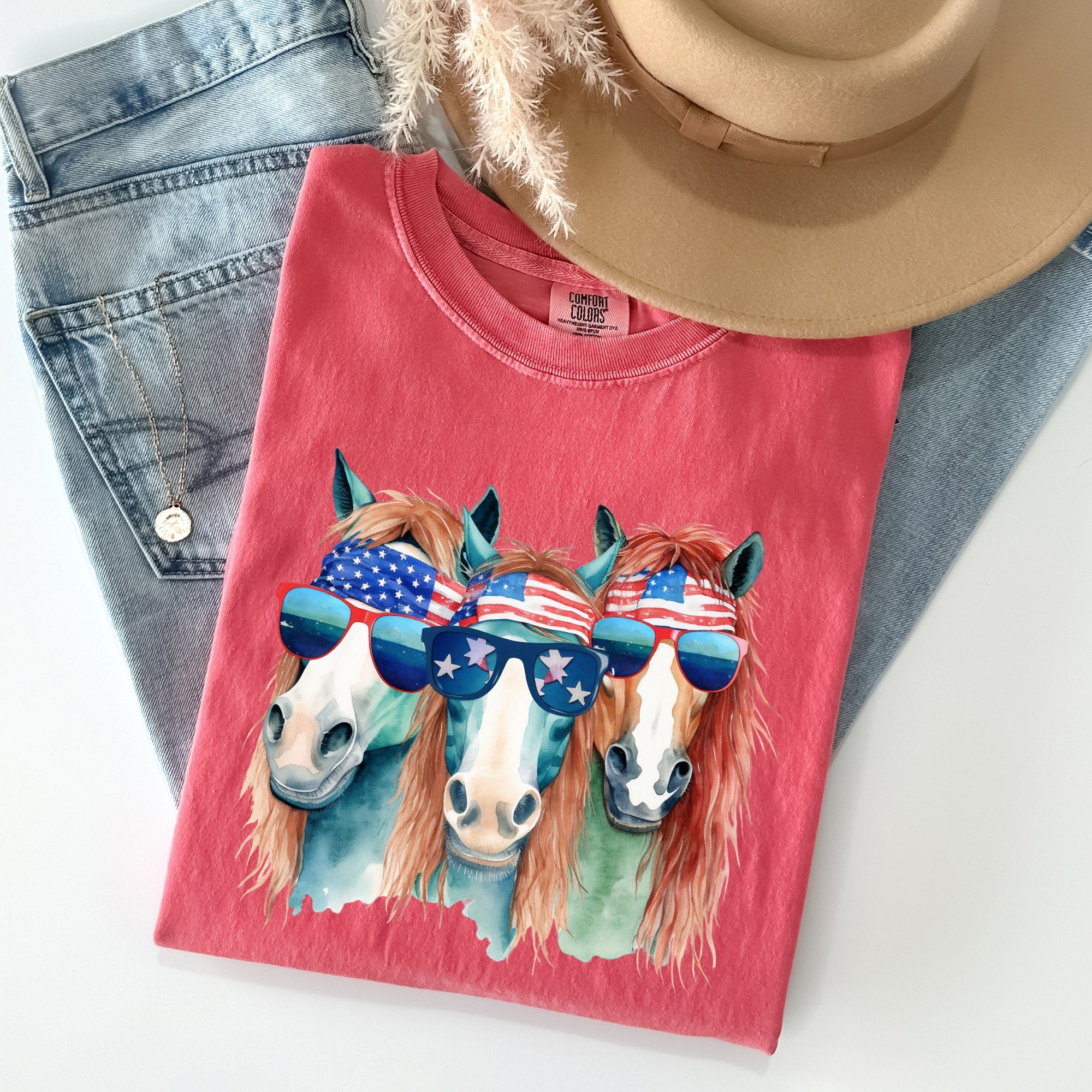 Patriotic Horses Hippie Fun 4th Of July Throwback Vintage Style Comfort Colors Tee