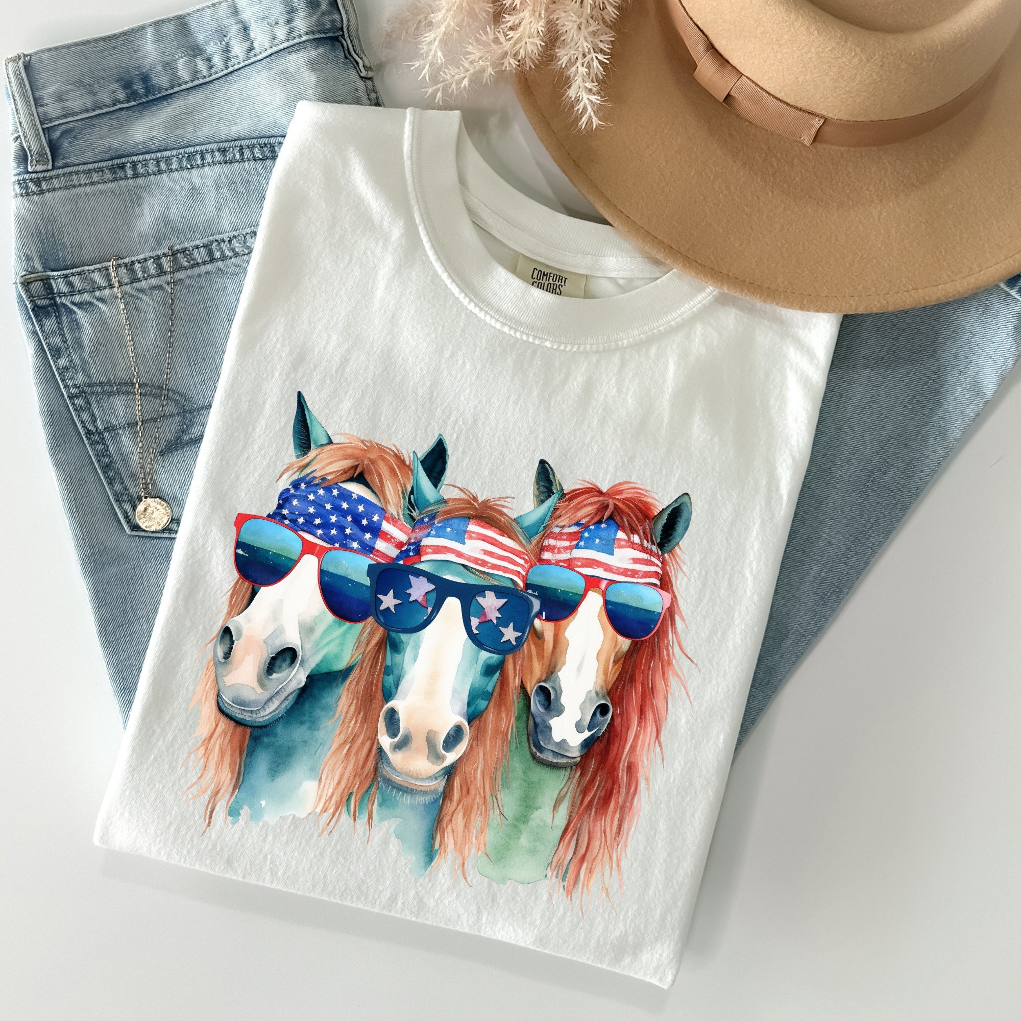 Patriotic Horses Hippie Fun 4th Of July Throwback Vintage Style Comfort Colors Tee
