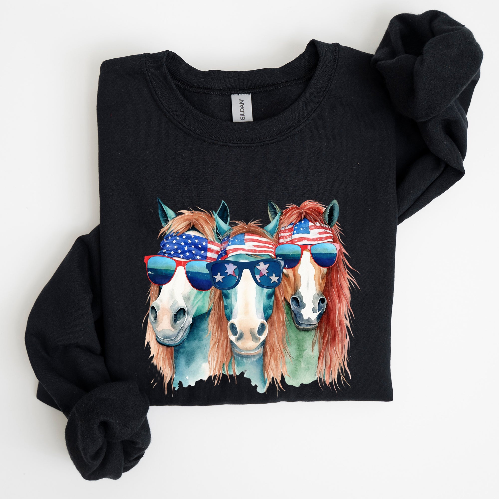 Patriotic Horses Hippie Funny 4th of July Americana Graphic Colorful Vintage Charm Sweatshirt
