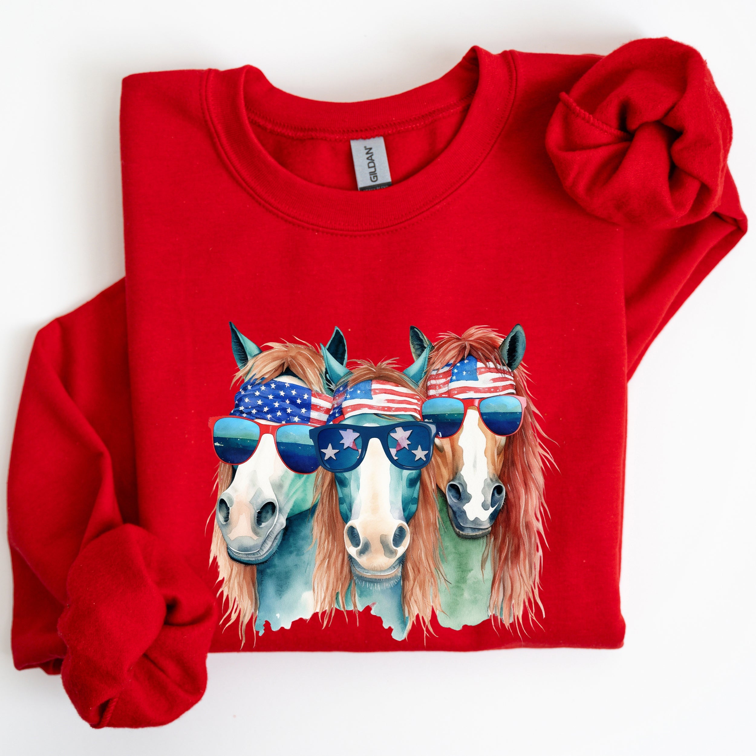 Patriotic Horses Hippie Funny 4th of July Americana Graphic Colorful Vintage Charm Sweatshirt