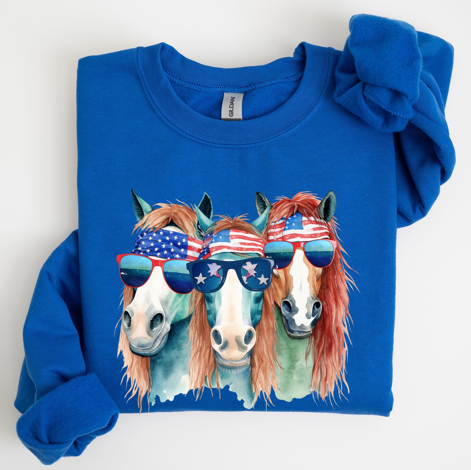 Patriotic Horses Hippie Funny 4th of July Americana Graphic Colorful Vintage Charm Sweatshirt