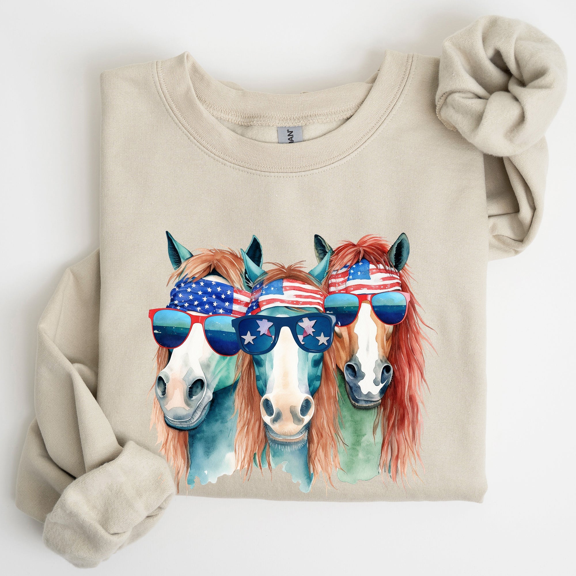 Patriotic Horses Hippie Funny 4th of July Americana Graphic Colorful Vintage Charm Sweatshirt
