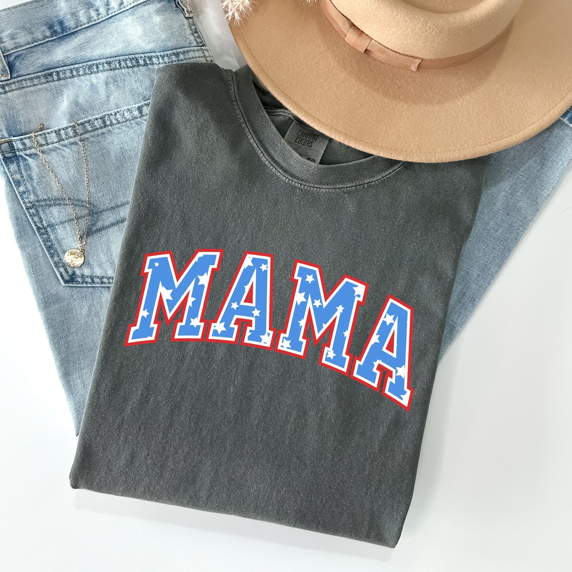 Patriotic Mama Stars And Stripes Fourth Of July Americana Celebration Vintage Style Proud Retro Look Comfort Colors Tee