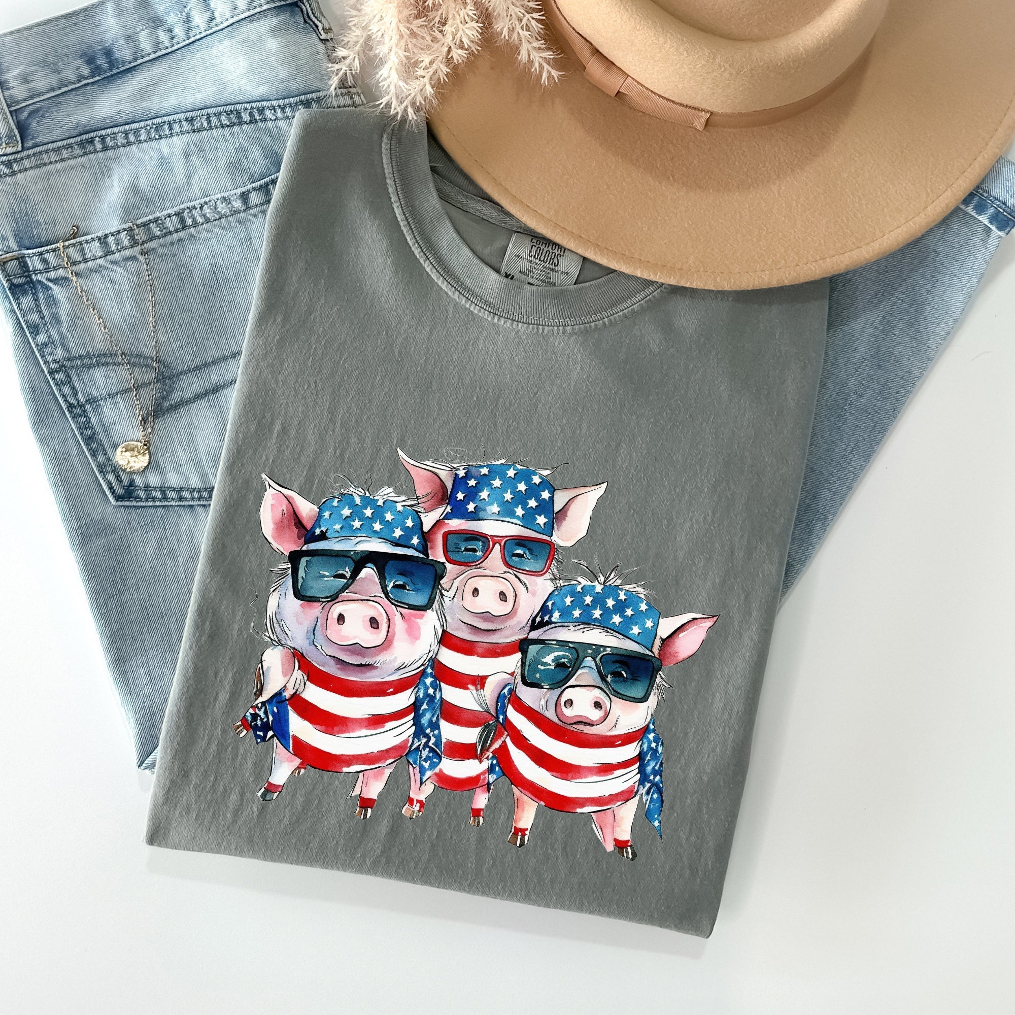 Patriotic Pigs Hippie 4th Of July Celebration With Retro Flag Colors And Classic Americana Vibe Comfort Colors Tee