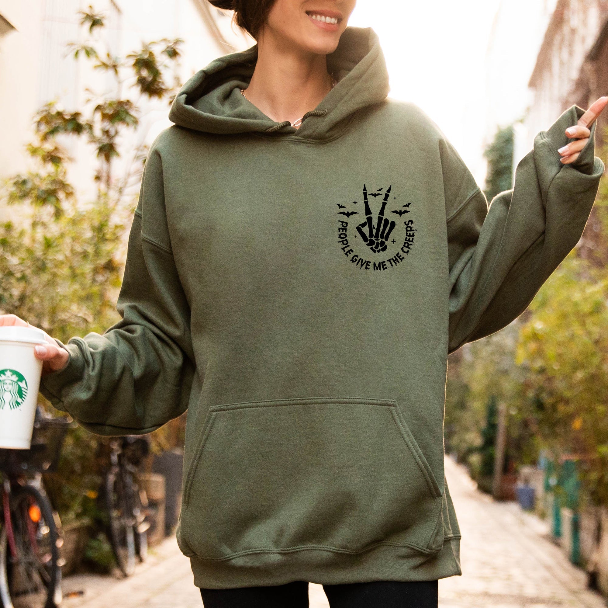 People Give Me The Creeps Pocket Print Skeleton Bats Witch Halloween Spooky Hoodie