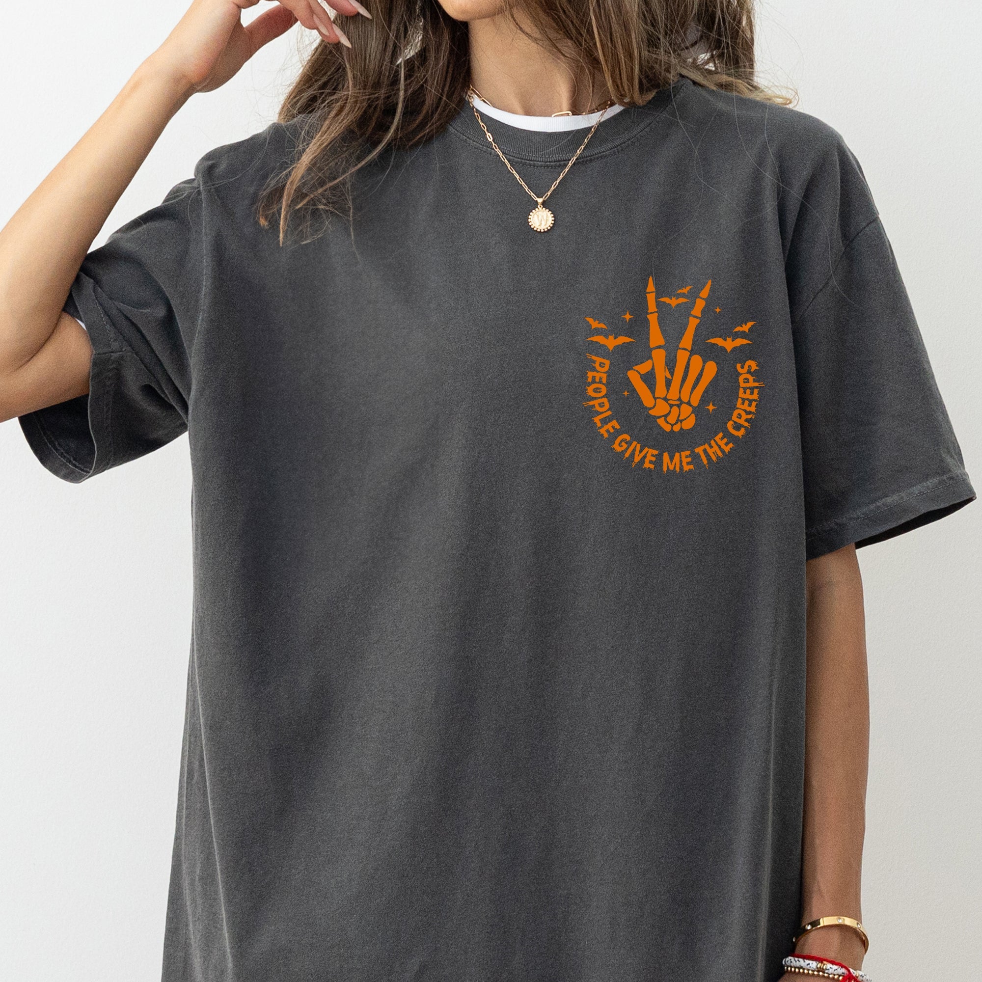 People Give Me The Creeps Pocket Print Skeleton Bats Witch Halloween Spooky Comfort Colors Tee