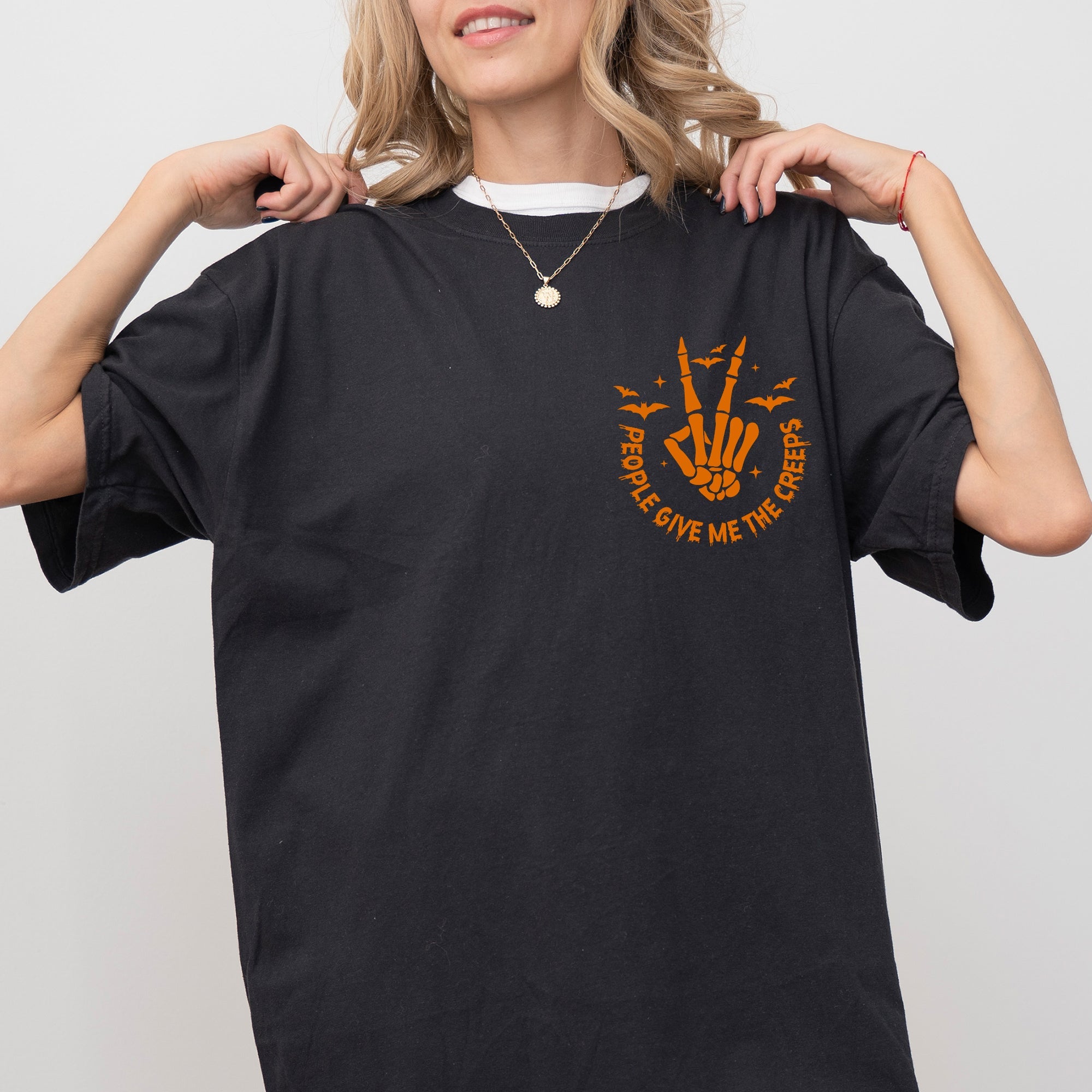 People Give Me The Creeps Pocket Print Skeleton Bats Witch Halloween Spooky Comfort Colors Tee