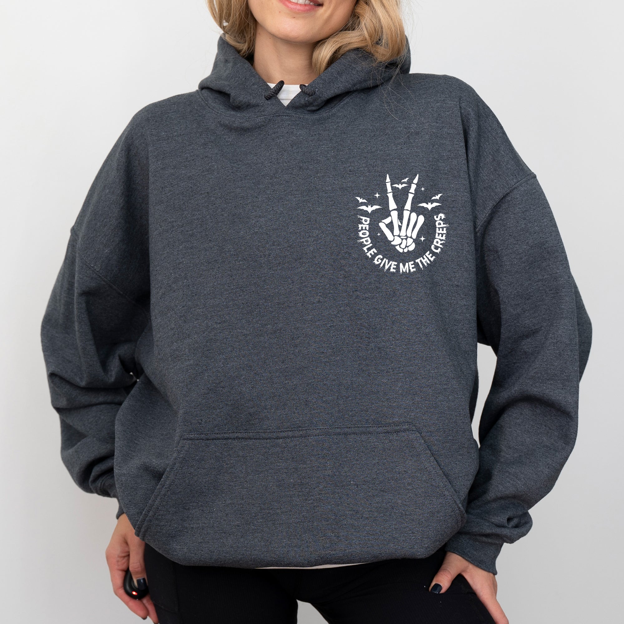 People Give Me The Creeps Pocket Print Skeleton Bats Witch Halloween Spooky Hoodie