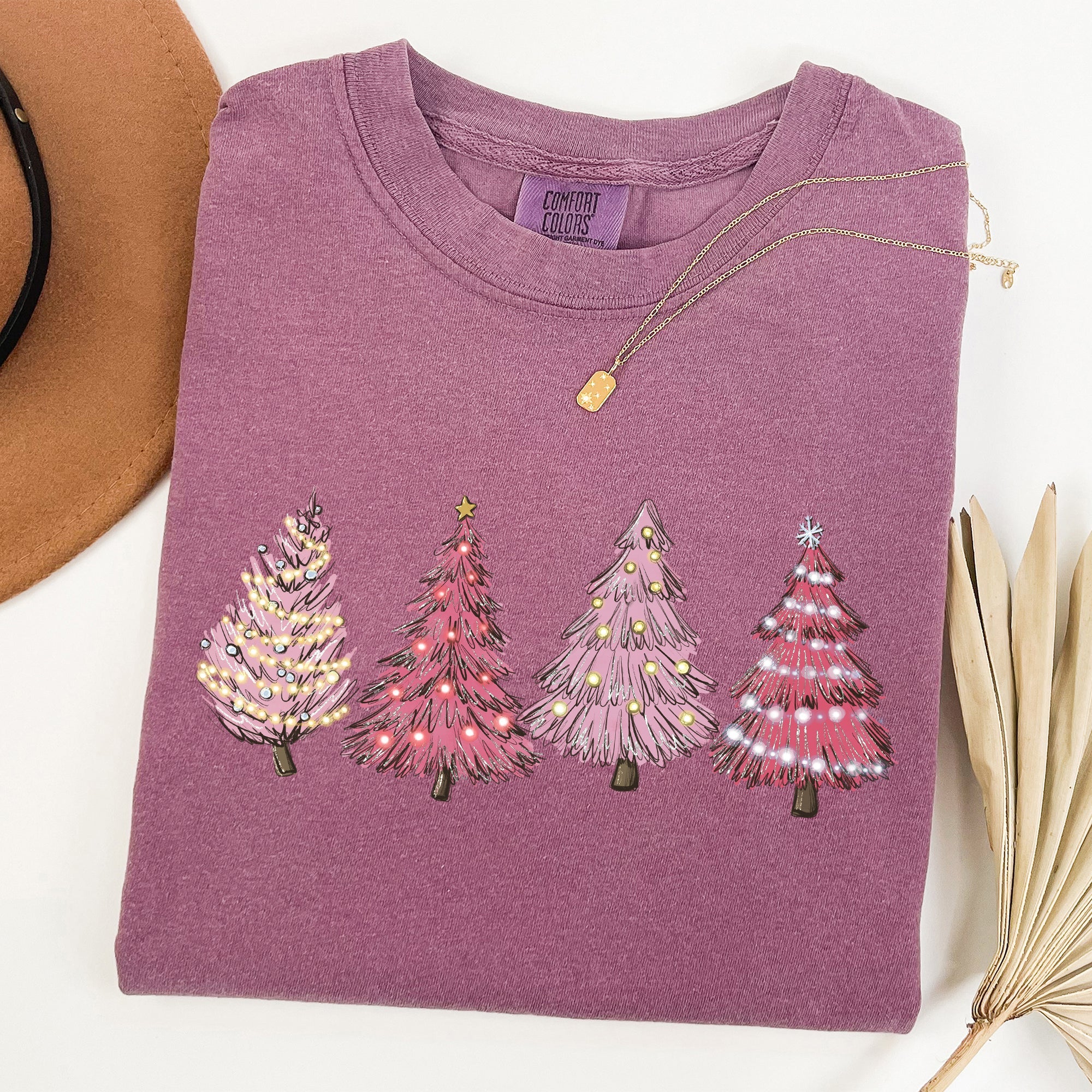 Pink Christmas Trees Santa Winter Snow Holiday Scene Illustration With Vintage Charm Comfort Colors Tee