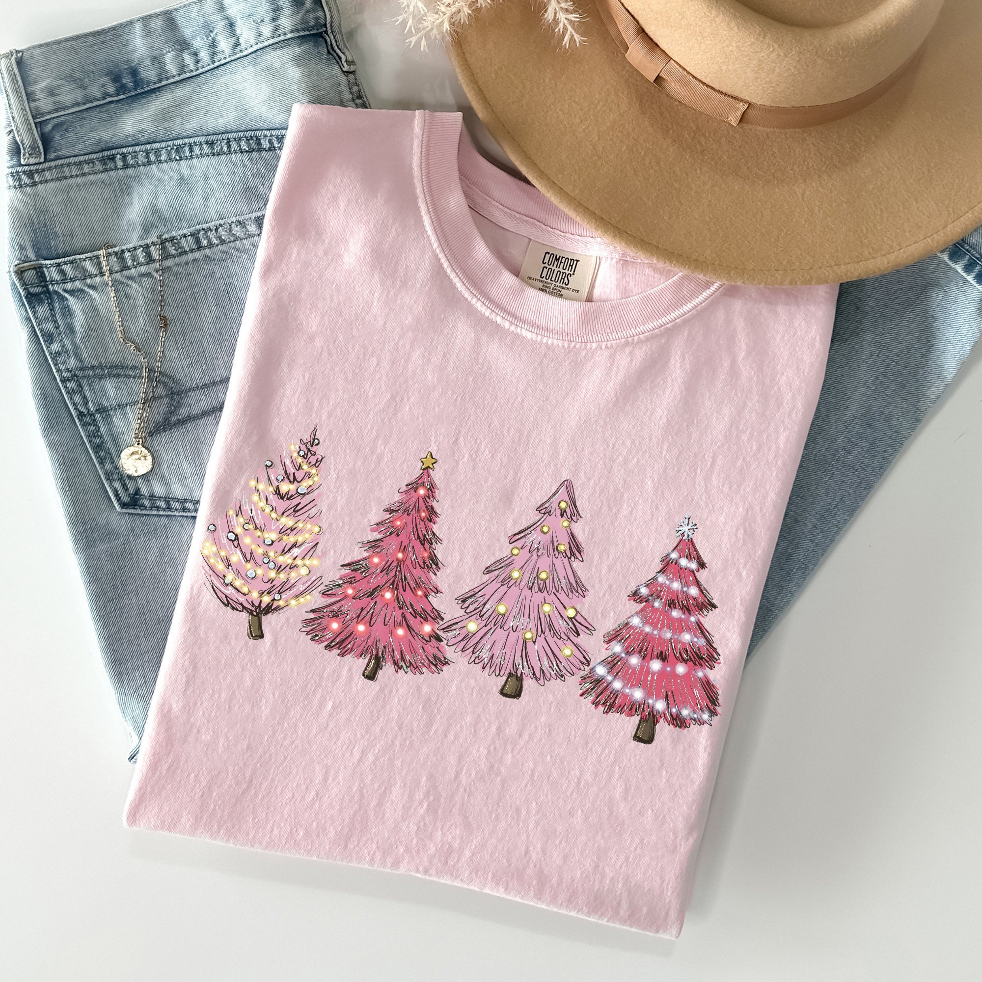 Pink Christmas Trees Santa Winter Snow Holiday Scene Illustration With Vintage Charm Comfort Colors Tee