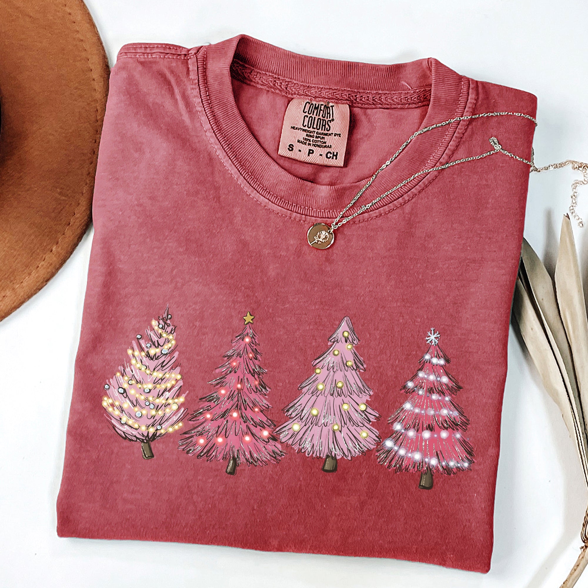 Pink Christmas Trees Santa Winter Snow Holiday Scene Illustration With Vintage Charm Comfort Colors Tee