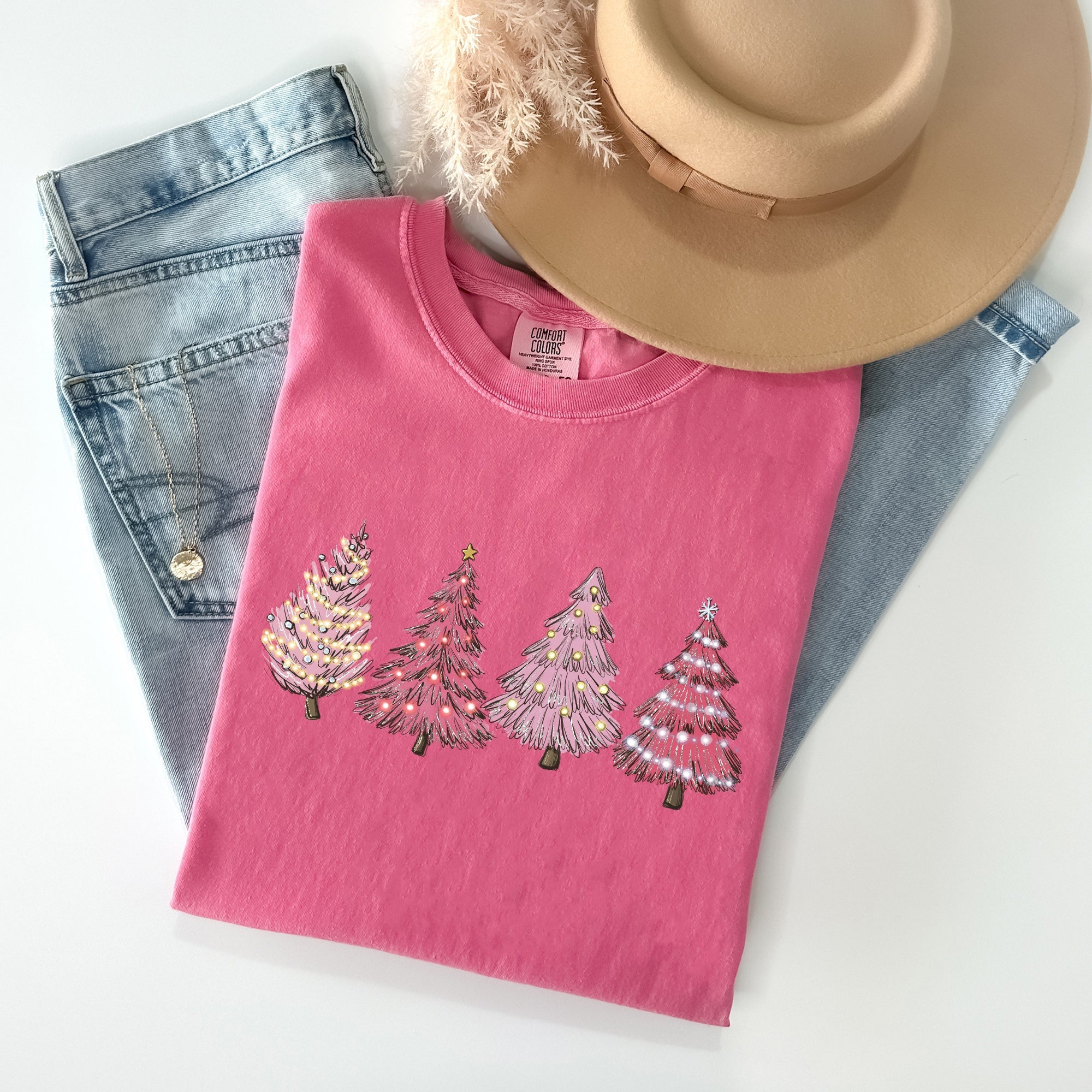 Pink Christmas Trees Santa Winter Snow Holiday Scene Illustration With Vintage Charm Comfort Colors Tee