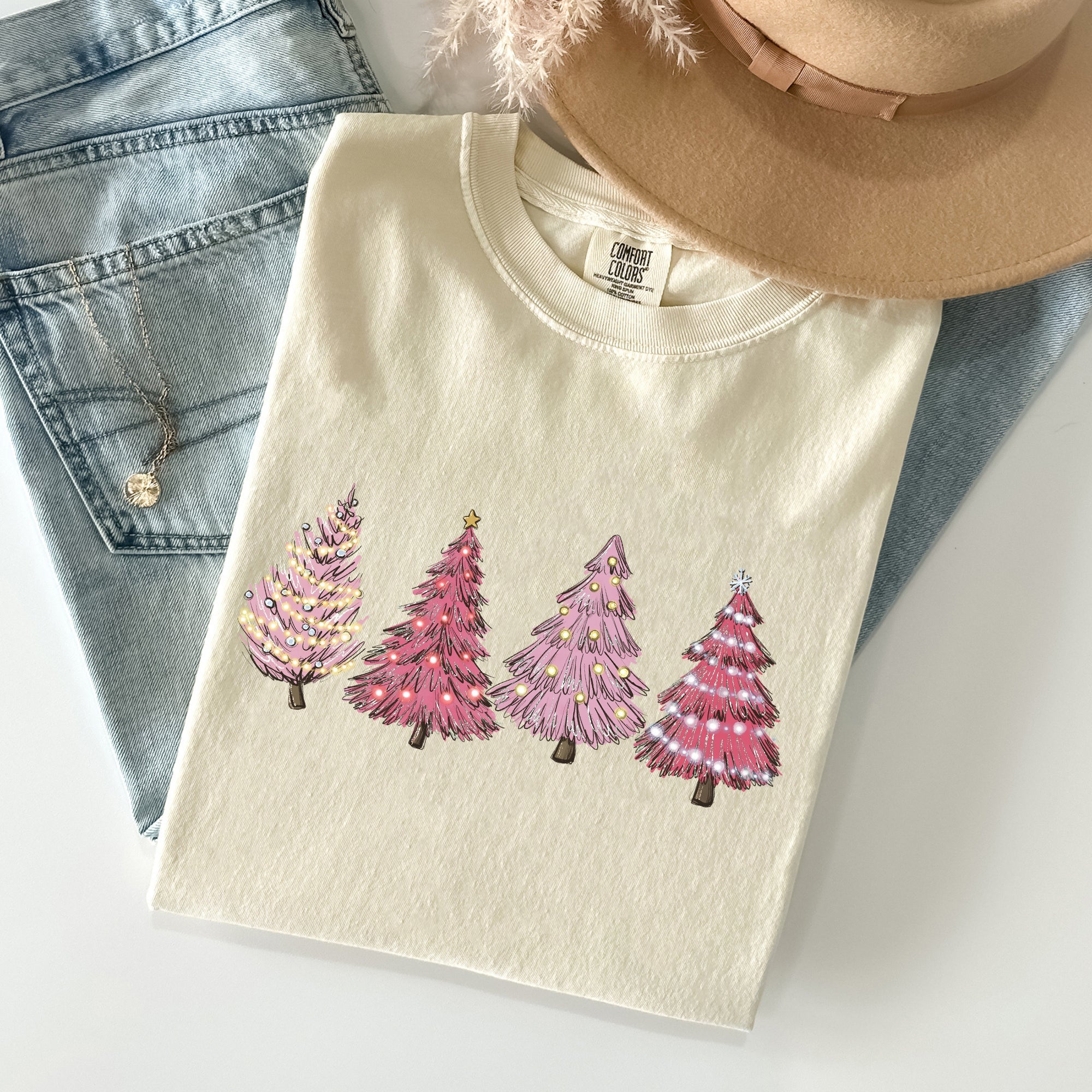 Pink Christmas Trees Santa Winter Snow Holiday Scene Illustration With Vintage Charm Comfort Colors Tee