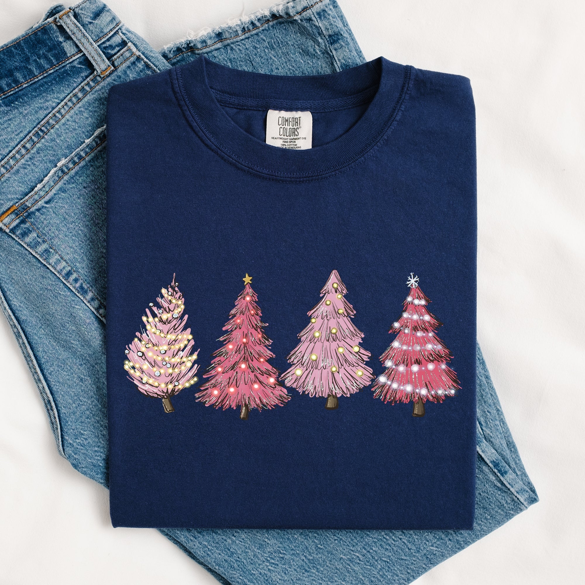 Pink Christmas Trees Santa Winter Snow Holiday Scene Illustration With Vintage Charm Comfort Colors Tee