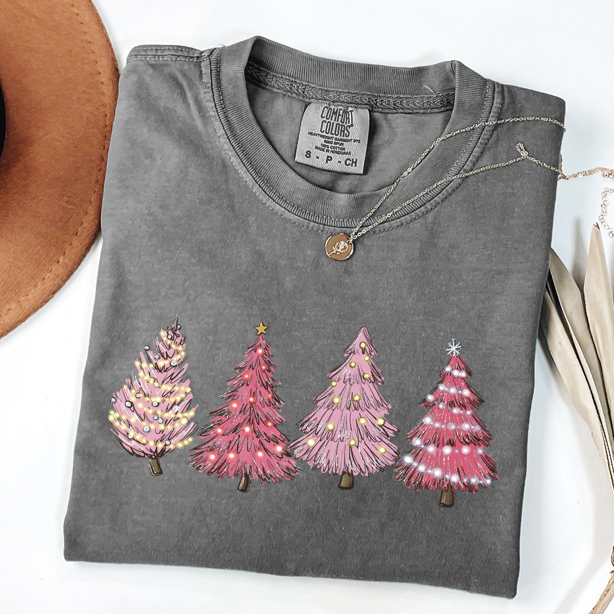 Pink Christmas Trees Santa Winter Snow Holiday Scene Illustration With Vintage Charm Comfort Colors Tee