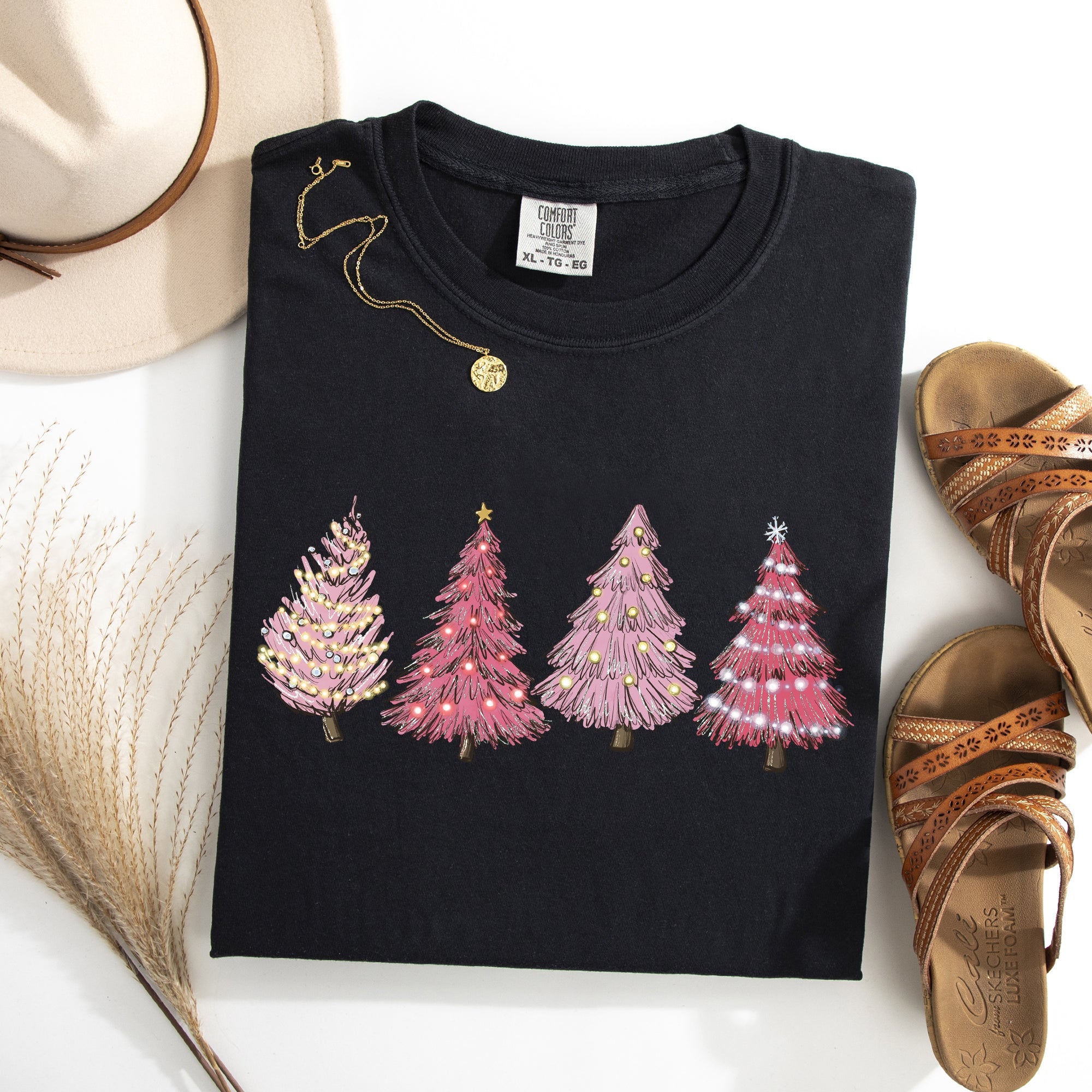 Pink Christmas Trees Santa Winter Snow Holiday Scene Illustration With Vintage Charm Comfort Colors Tee