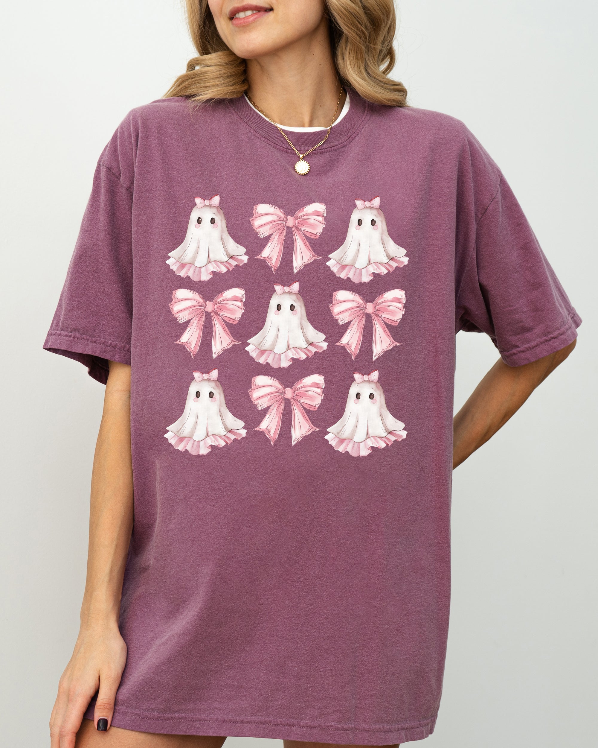 Pink Ghost Coquette Bows Ribbons Halloween Girly Spooky Cozy Vintage Inspired Comfort Colors Tee