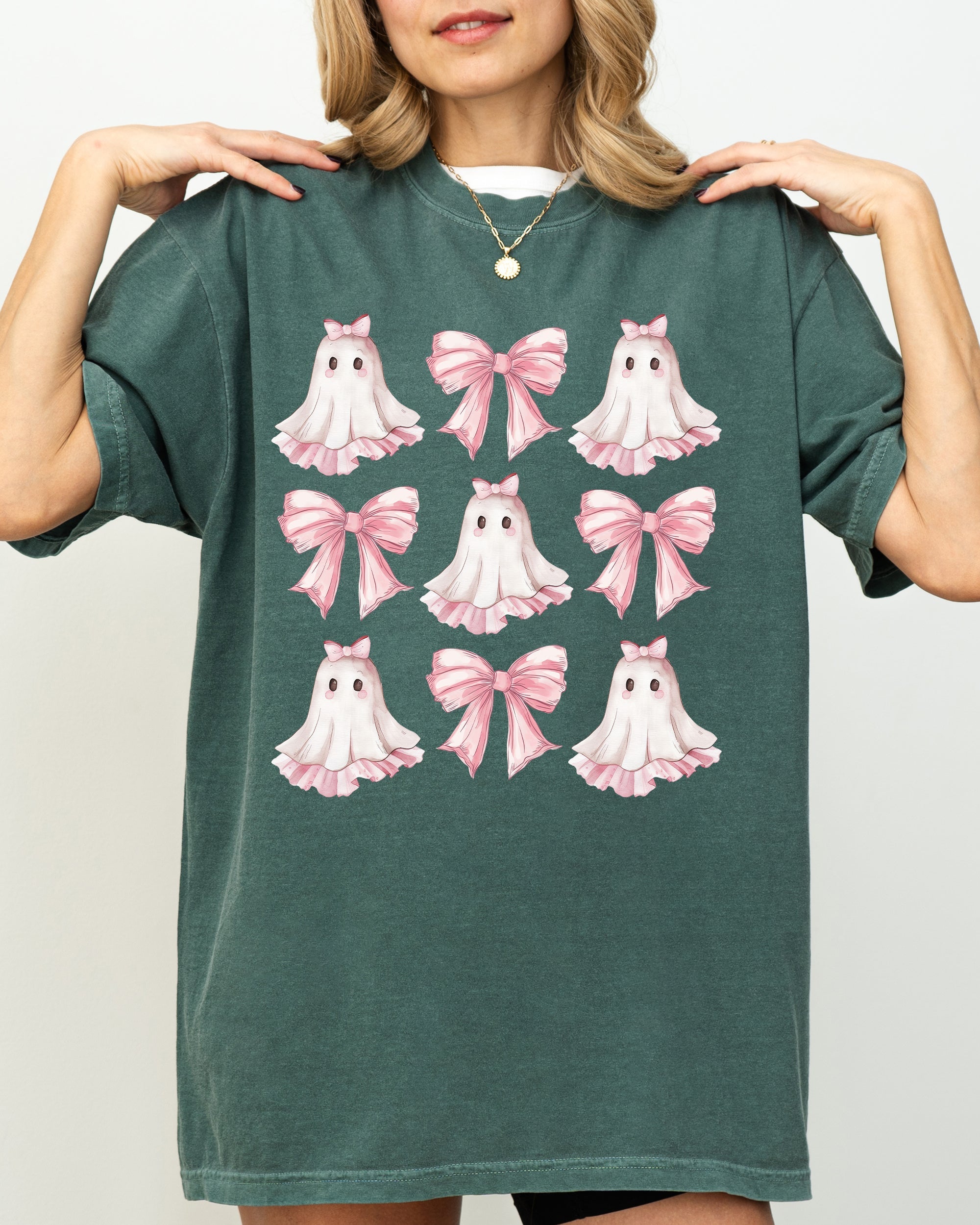 Pink Ghost Coquette Bows Ribbons Halloween Girly Spooky Cozy Vintage Inspired Comfort Colors Tee