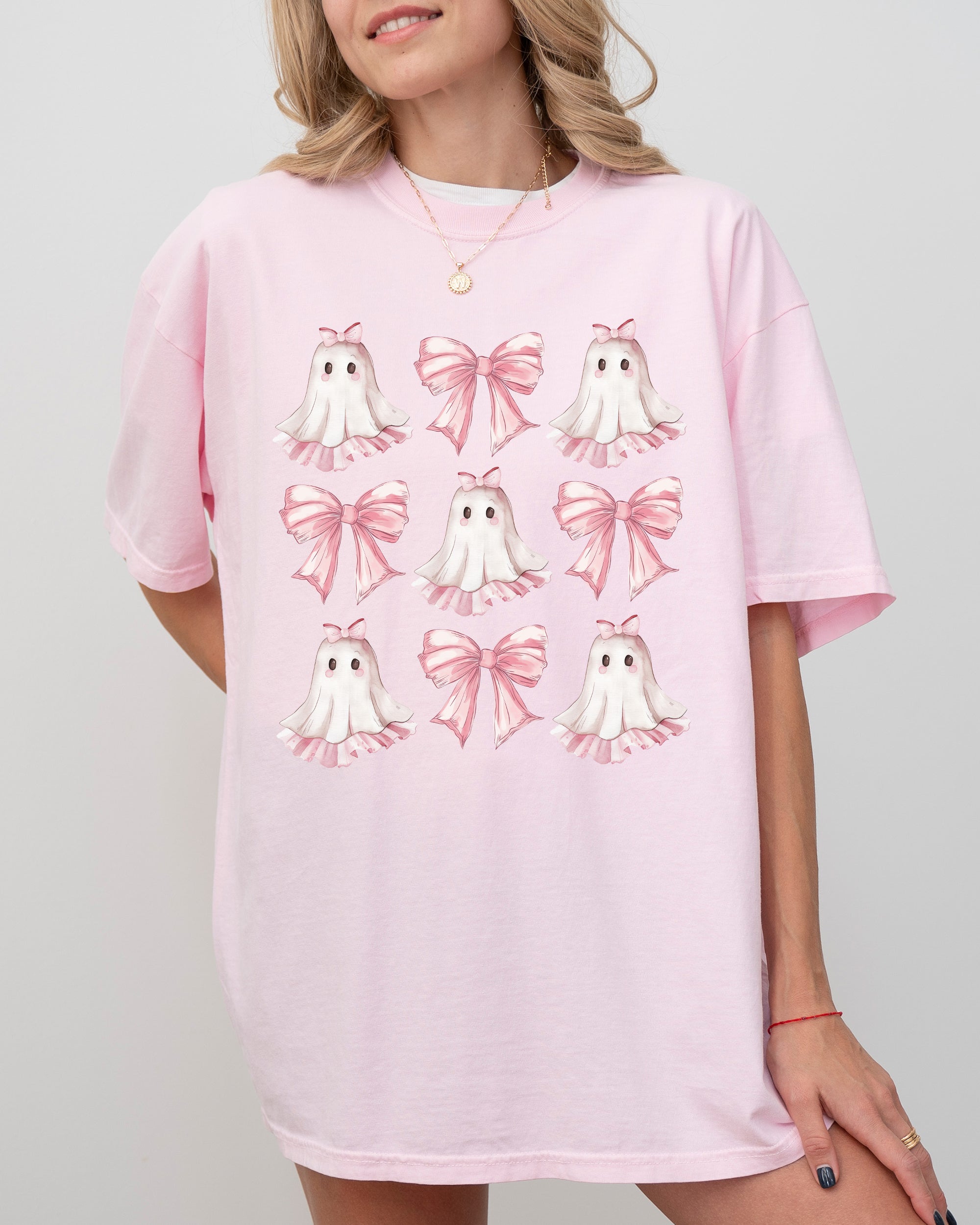 Pink Ghost Coquette Bows Ribbons Halloween Girly Spooky Cozy Vintage Inspired Comfort Colors Tee