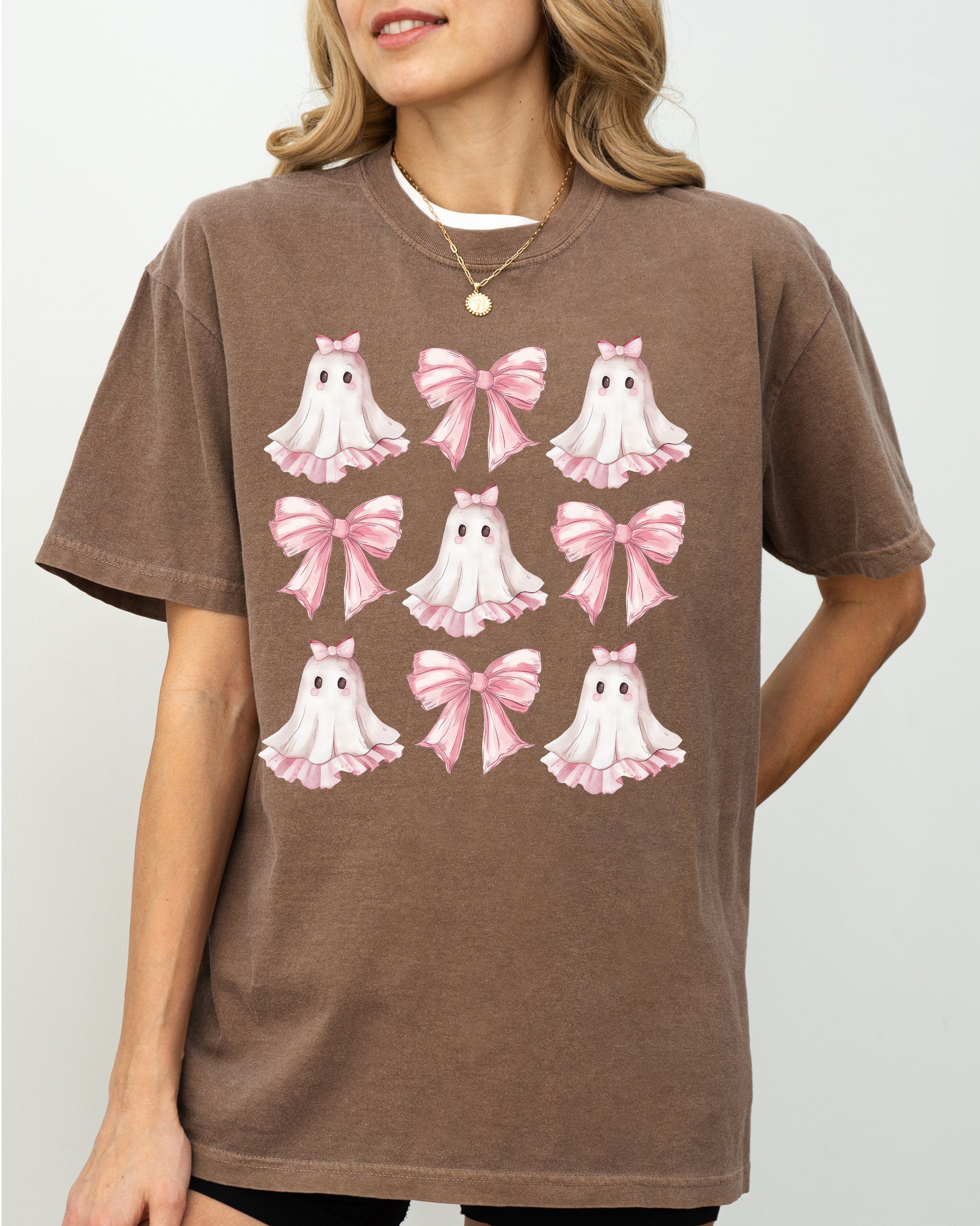 Pink Ghost Coquette Bows Ribbons Halloween Girly Spooky Cozy Vintage Inspired Comfort Colors Tee