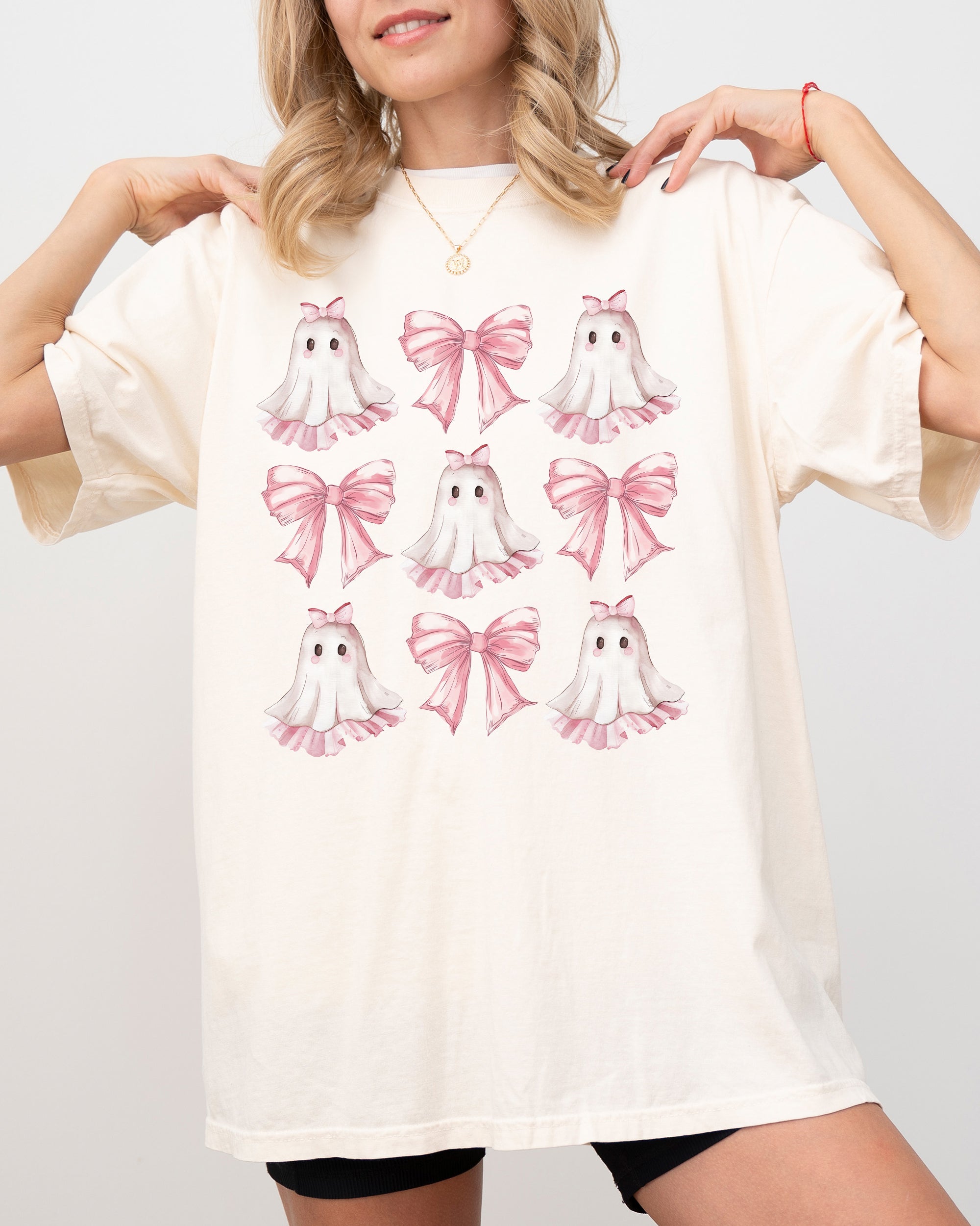 Pink Ghost Coquette Bows Ribbons Halloween Girly Spooky Cozy Vintage Inspired Comfort Colors Tee