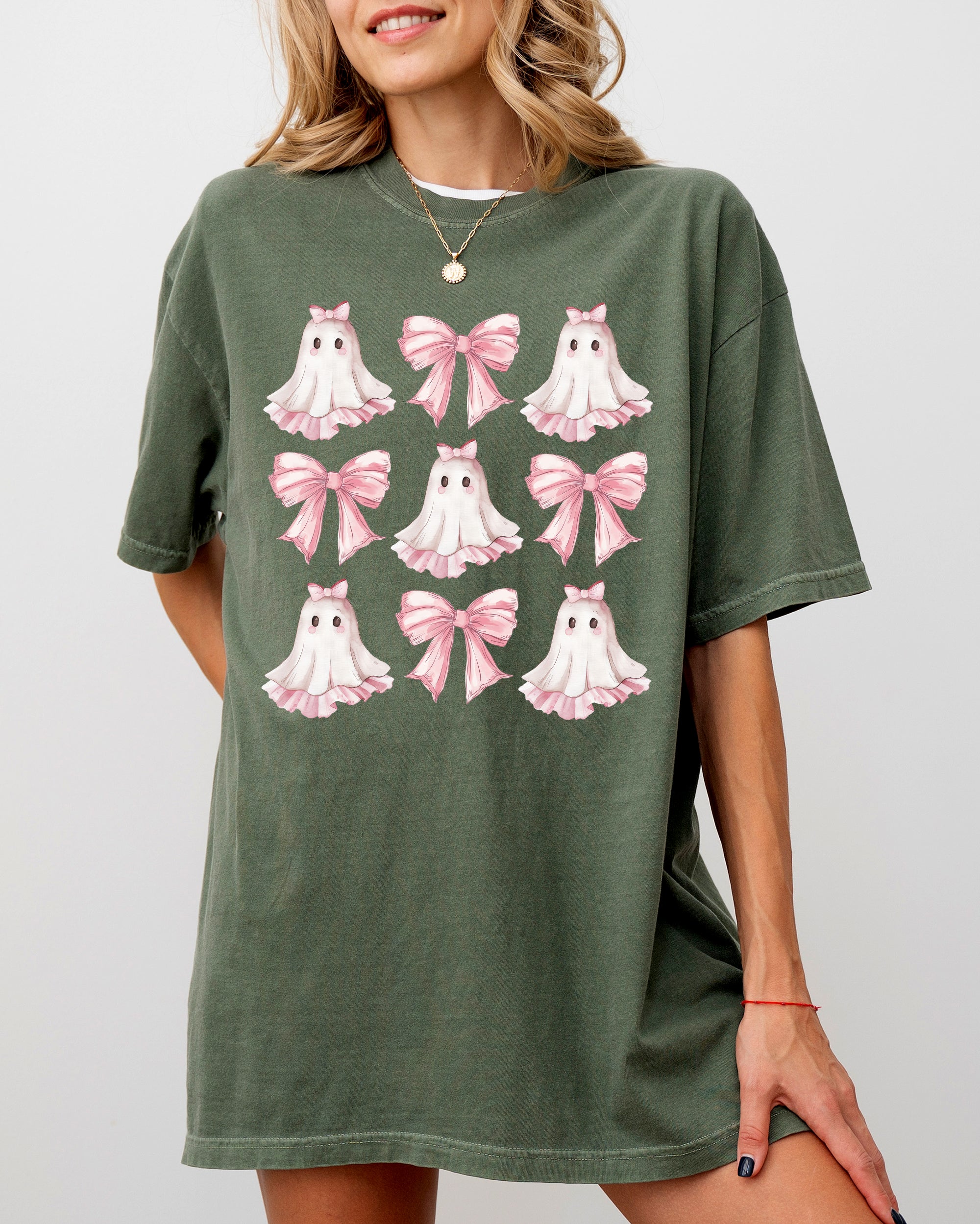 Pink Ghost Coquette Bows Ribbons Halloween Girly Spooky Cozy Vintage Inspired Comfort Colors Tee