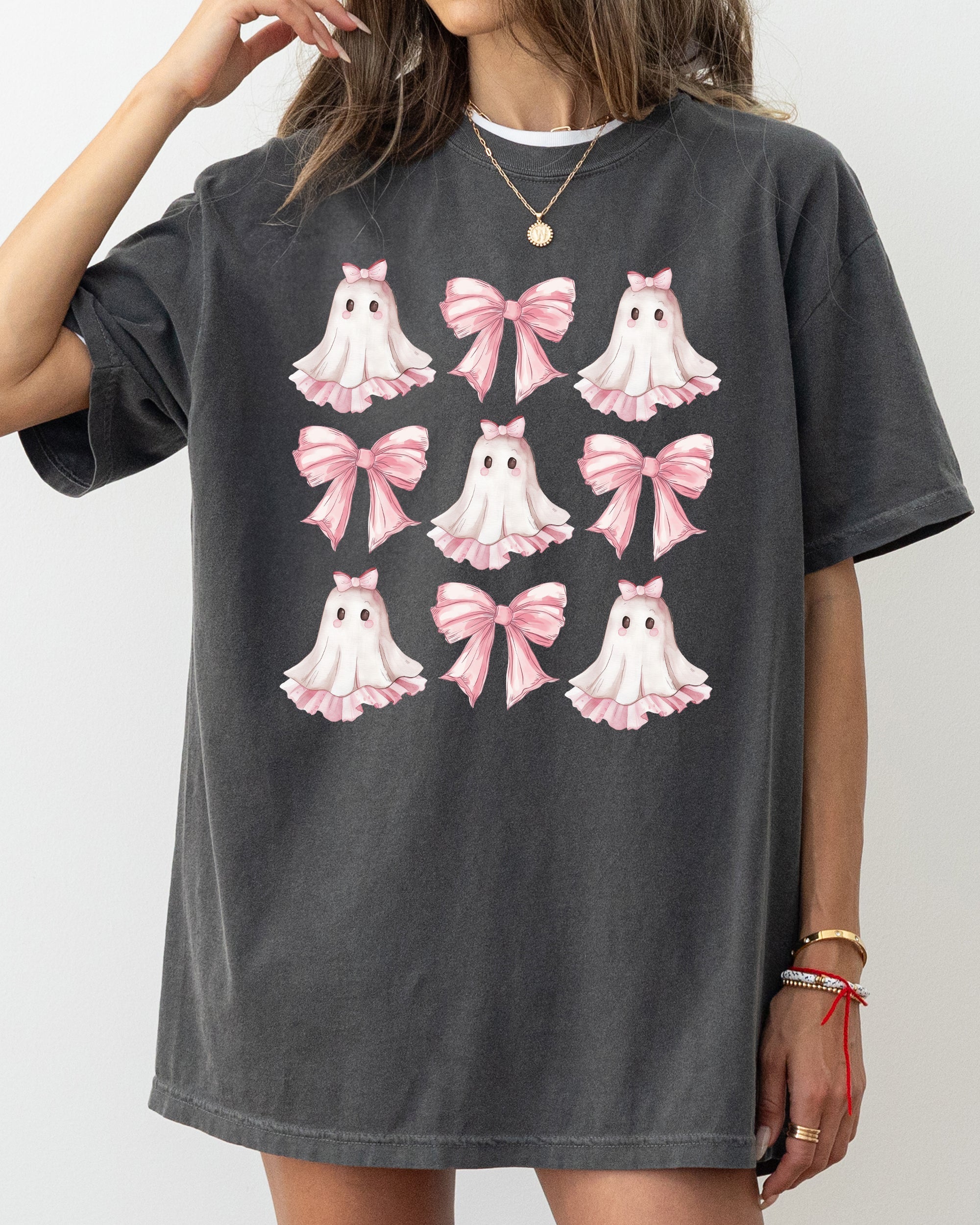 Pink Ghost Coquette Bows Ribbons Halloween Girly Spooky Cozy Vintage Inspired Comfort Colors Tee