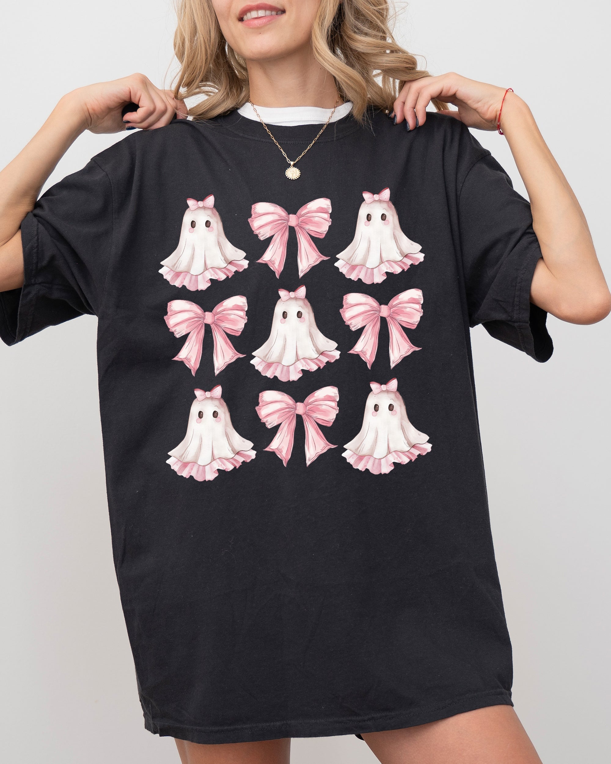 Pink Ghost Coquette Bows Ribbons Halloween Girly Spooky Cozy Vintage Inspired Comfort Colors Tee