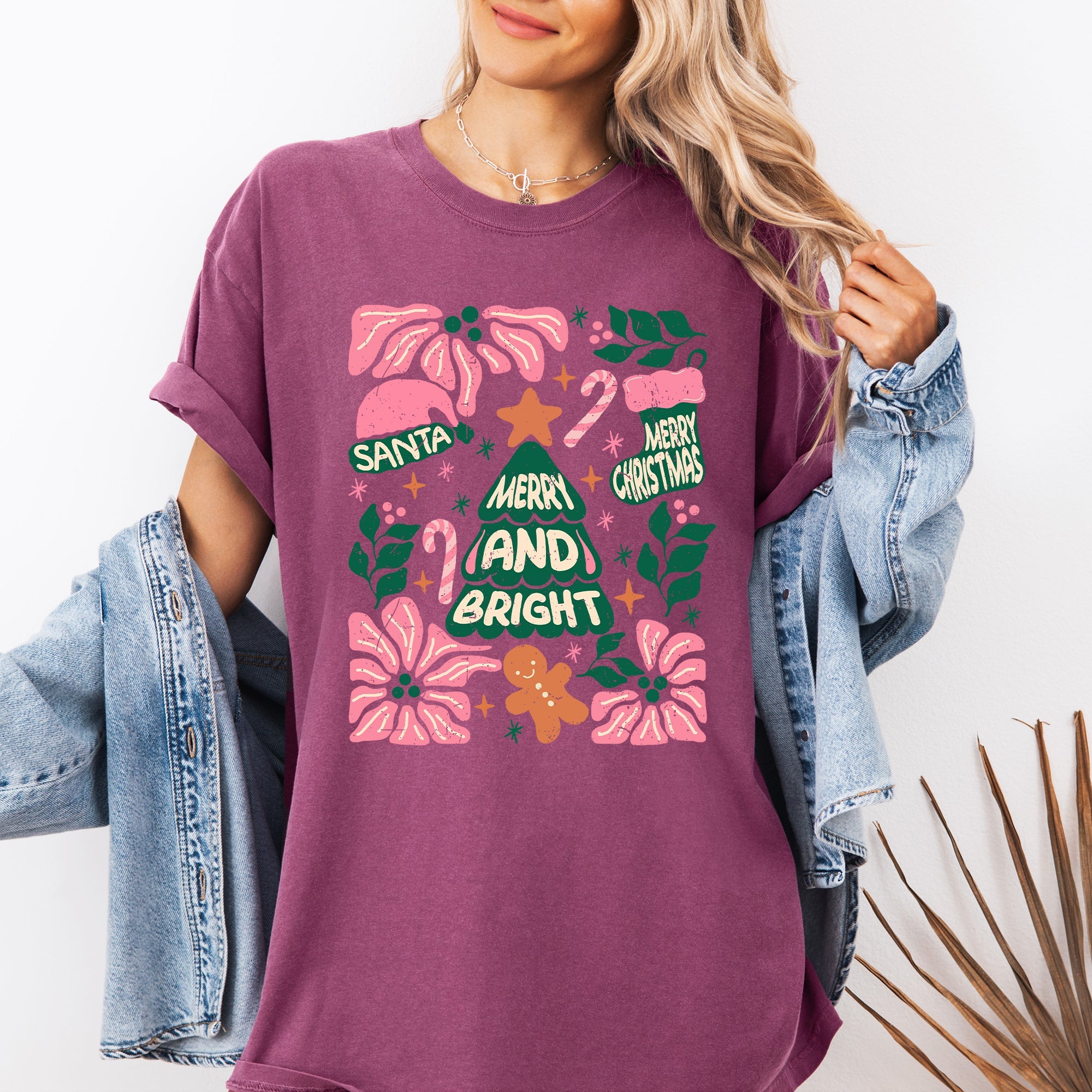 Merry Christmas Candy Cane Tree Floral Display With Poinsettias And Seasonal Joy Comfort Colors Tee