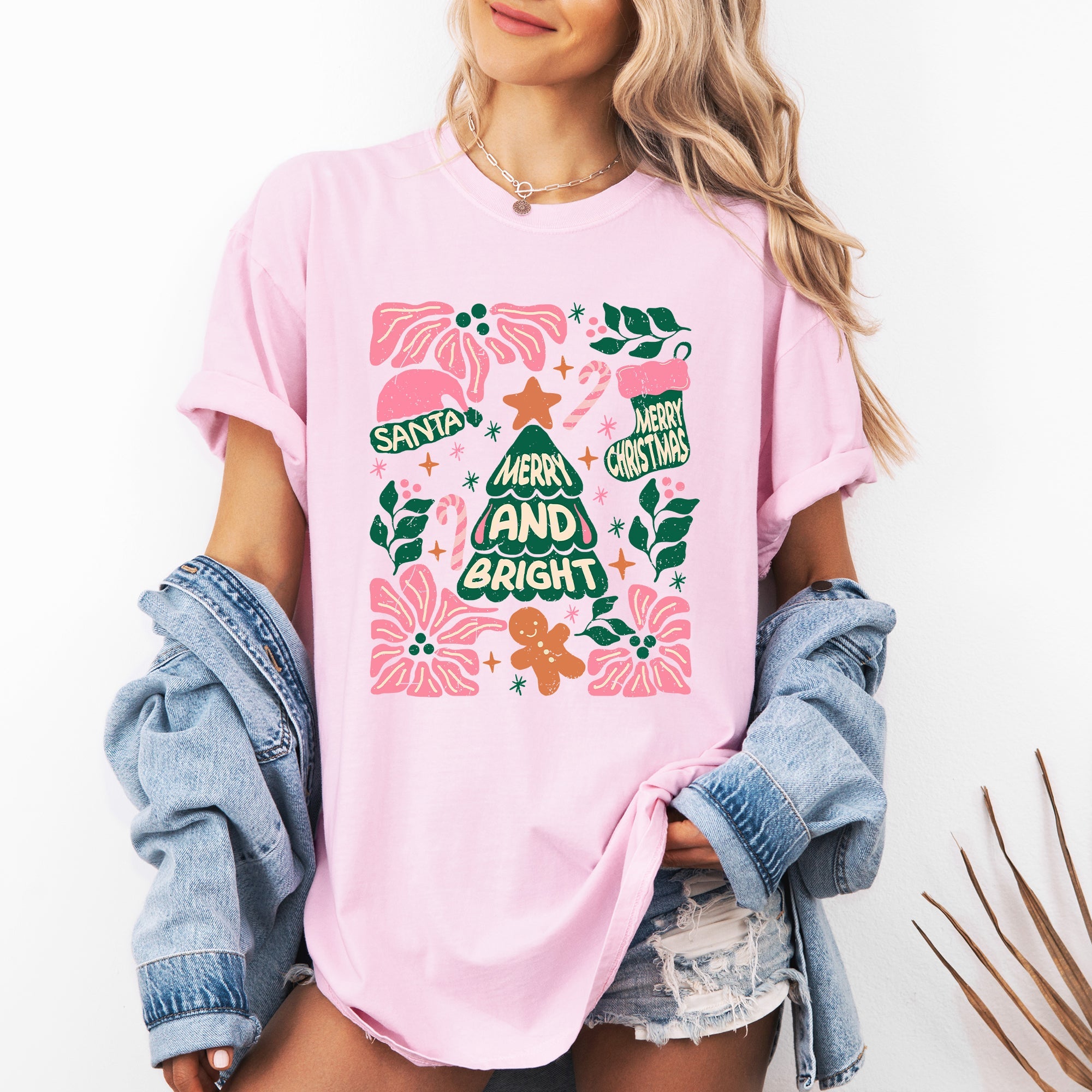 Merry Christmas Candy Cane Tree Floral Display With Poinsettias And Seasonal Joy Comfort Colors Tee