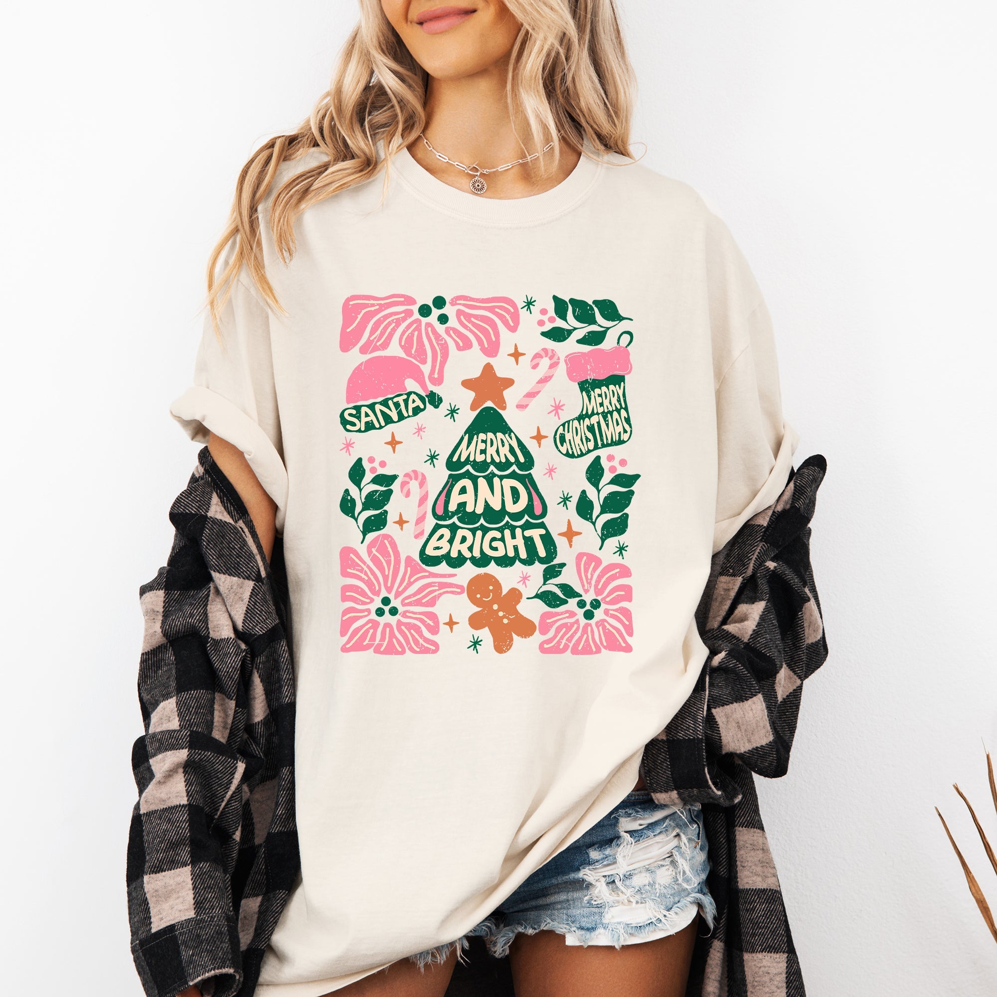 Merry Christmas Candy Cane Tree Floral Display With Poinsettias And Seasonal Joy Comfort Colors Tee