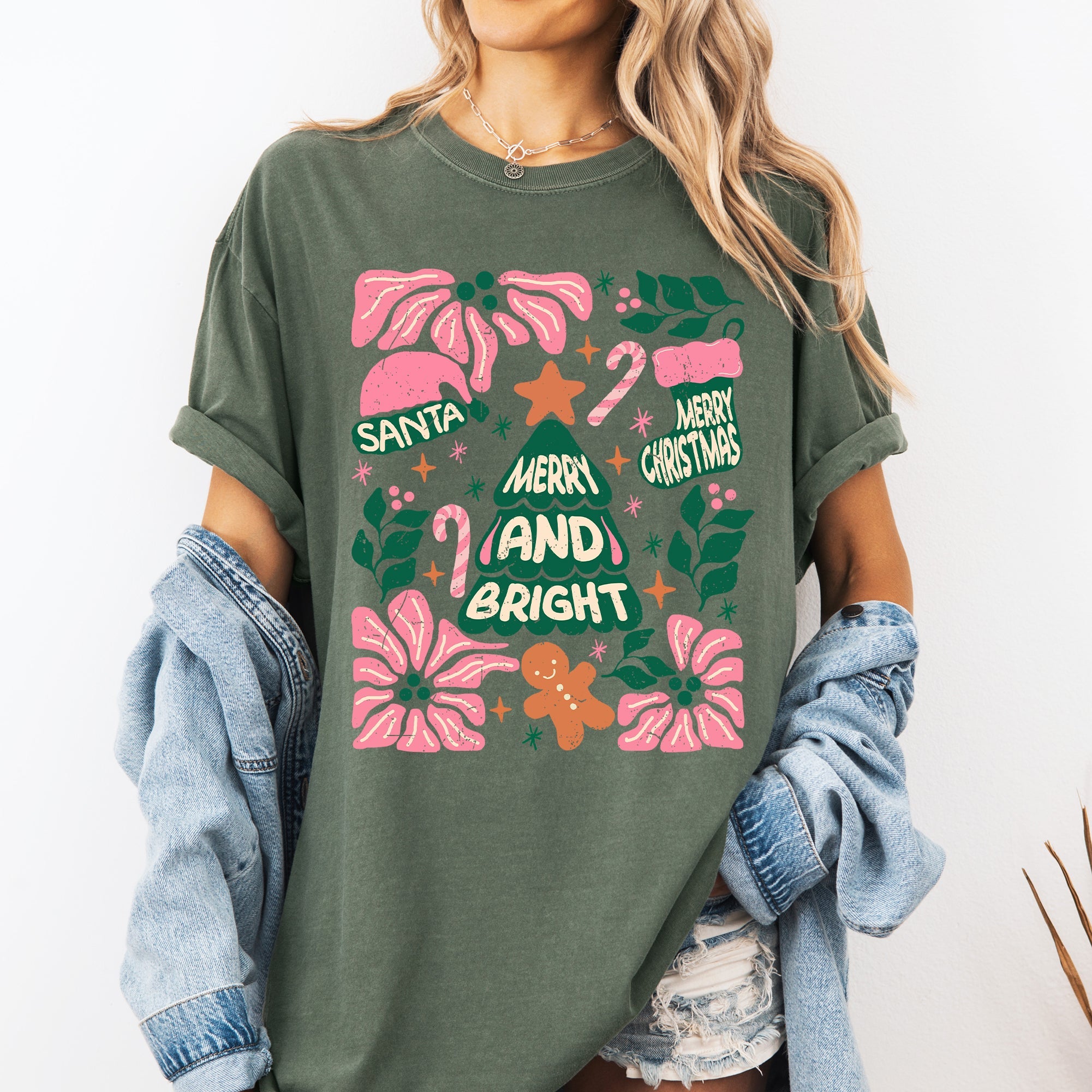 Merry Christmas Candy Cane Tree Floral Display With Poinsettias And Seasonal Joy Comfort Colors Tee