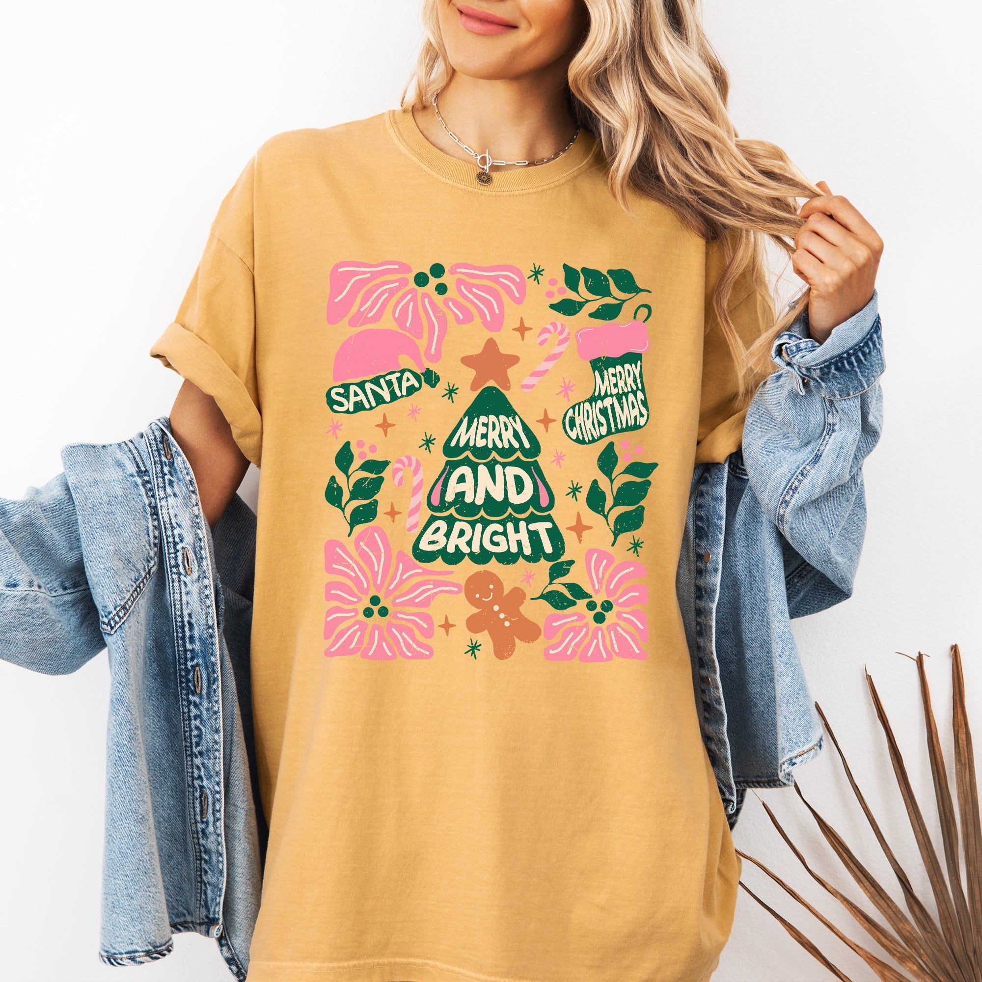 Merry Christmas Candy Cane Tree Floral Display With Poinsettias And Seasonal Joy Comfort Colors Tee