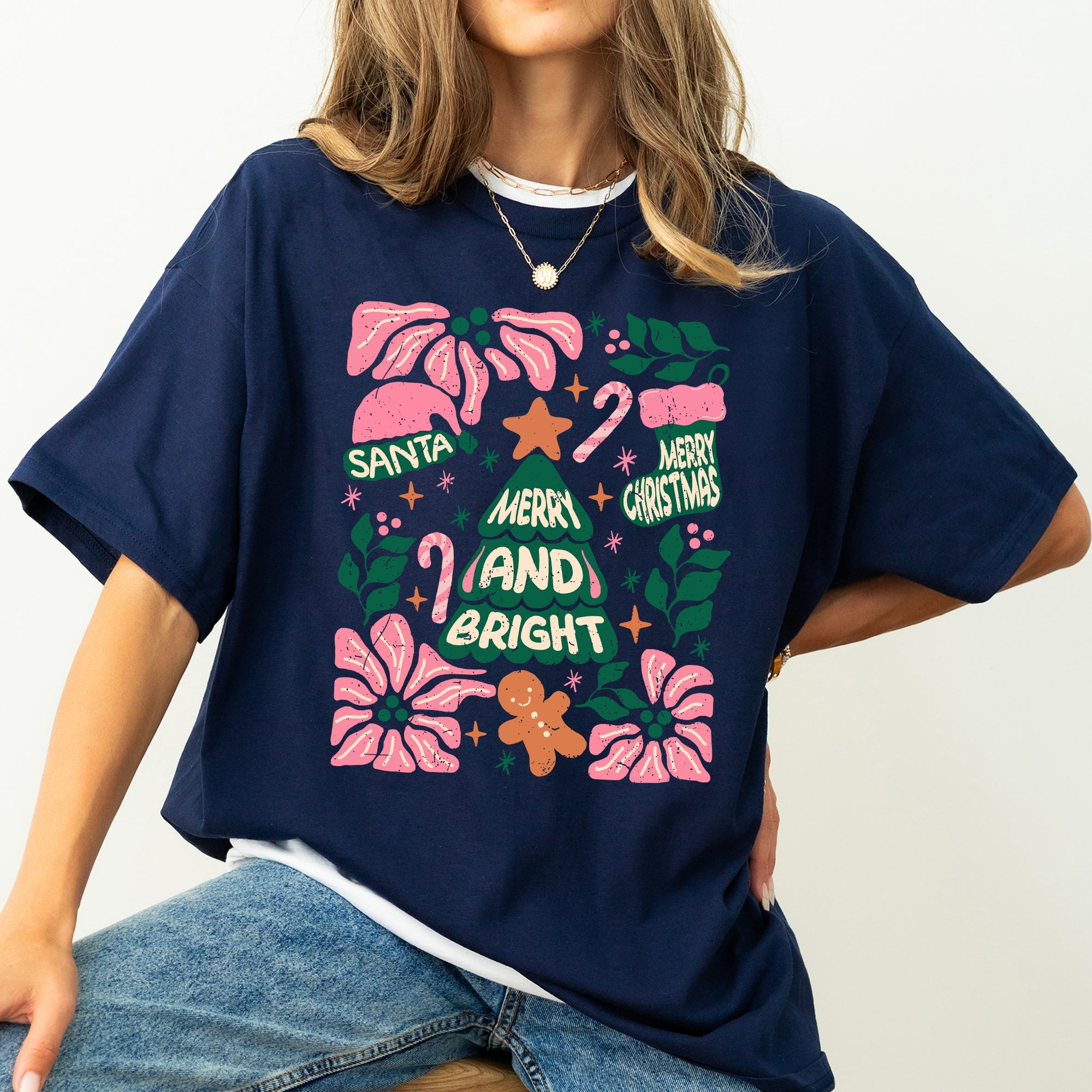 Merry Christmas Candy Cane Tree Floral Display With Poinsettias And Seasonal Joy Comfort Colors Tee