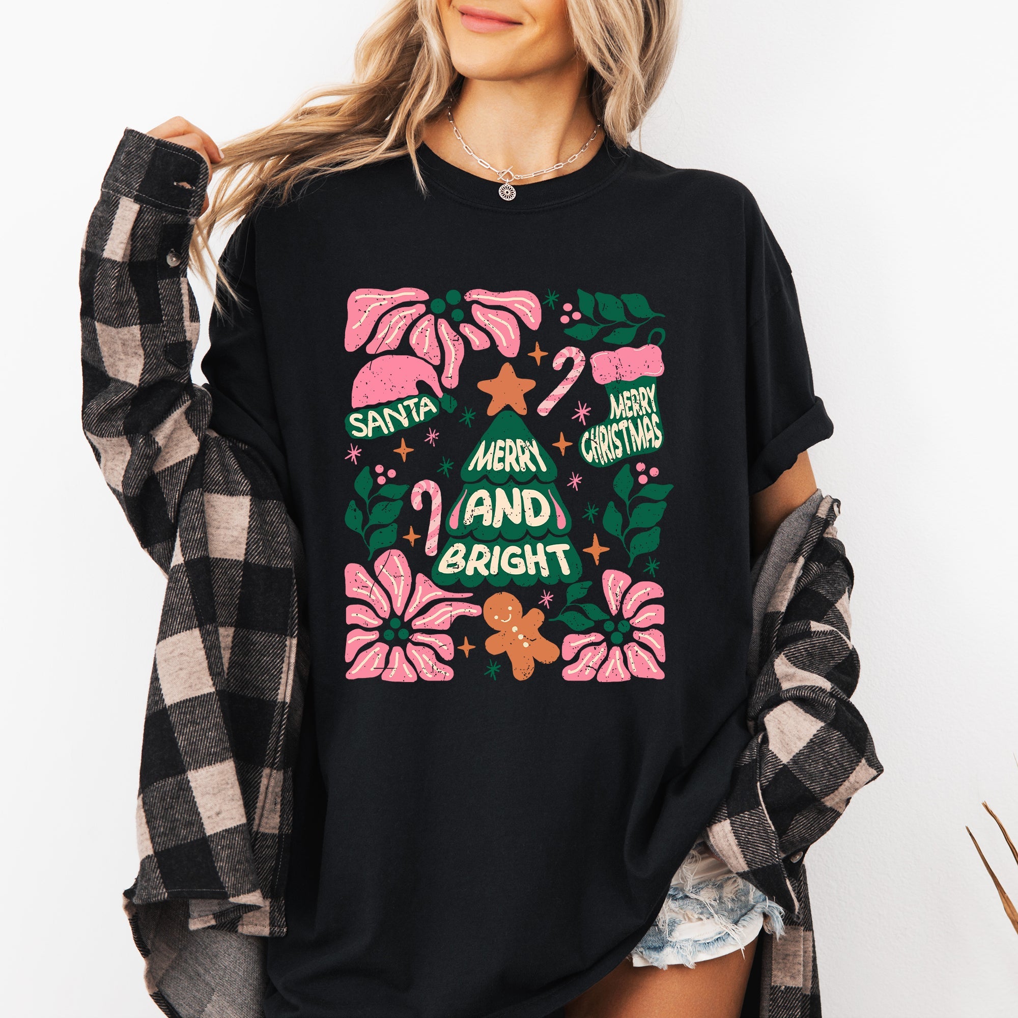 Merry Christmas Candy Cane Tree Floral Display With Poinsettias And Seasonal Joy Comfort Colors Tee