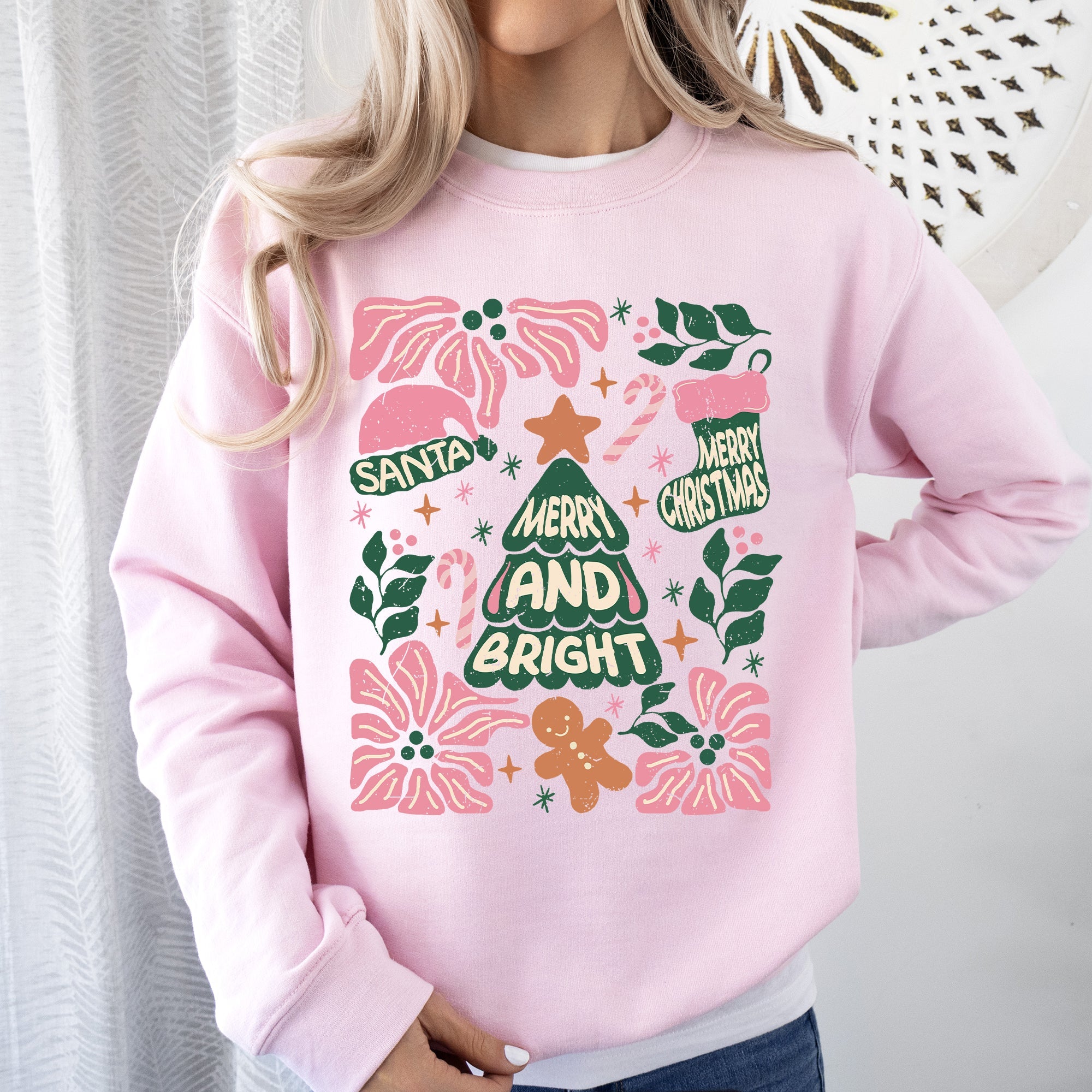 Pink Merry And Bright Candy Cane Tree Christmas Flowers Floral Holiday Design Sweatshirt