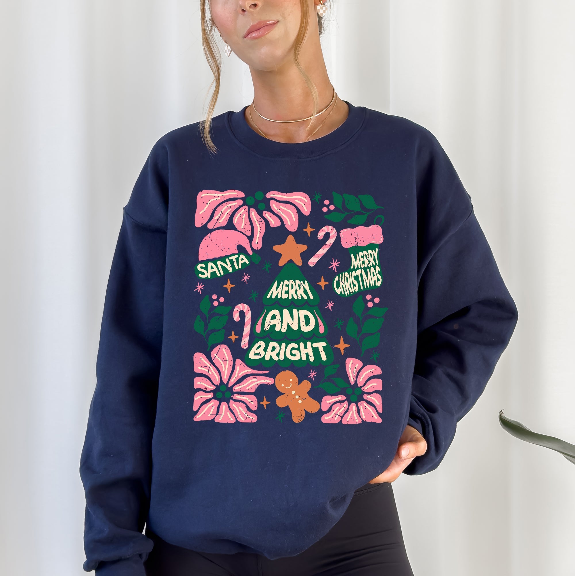 Pink Merry And Bright Candy Cane Tree Christmas Flowers Floral Holiday Design Sweatshirt