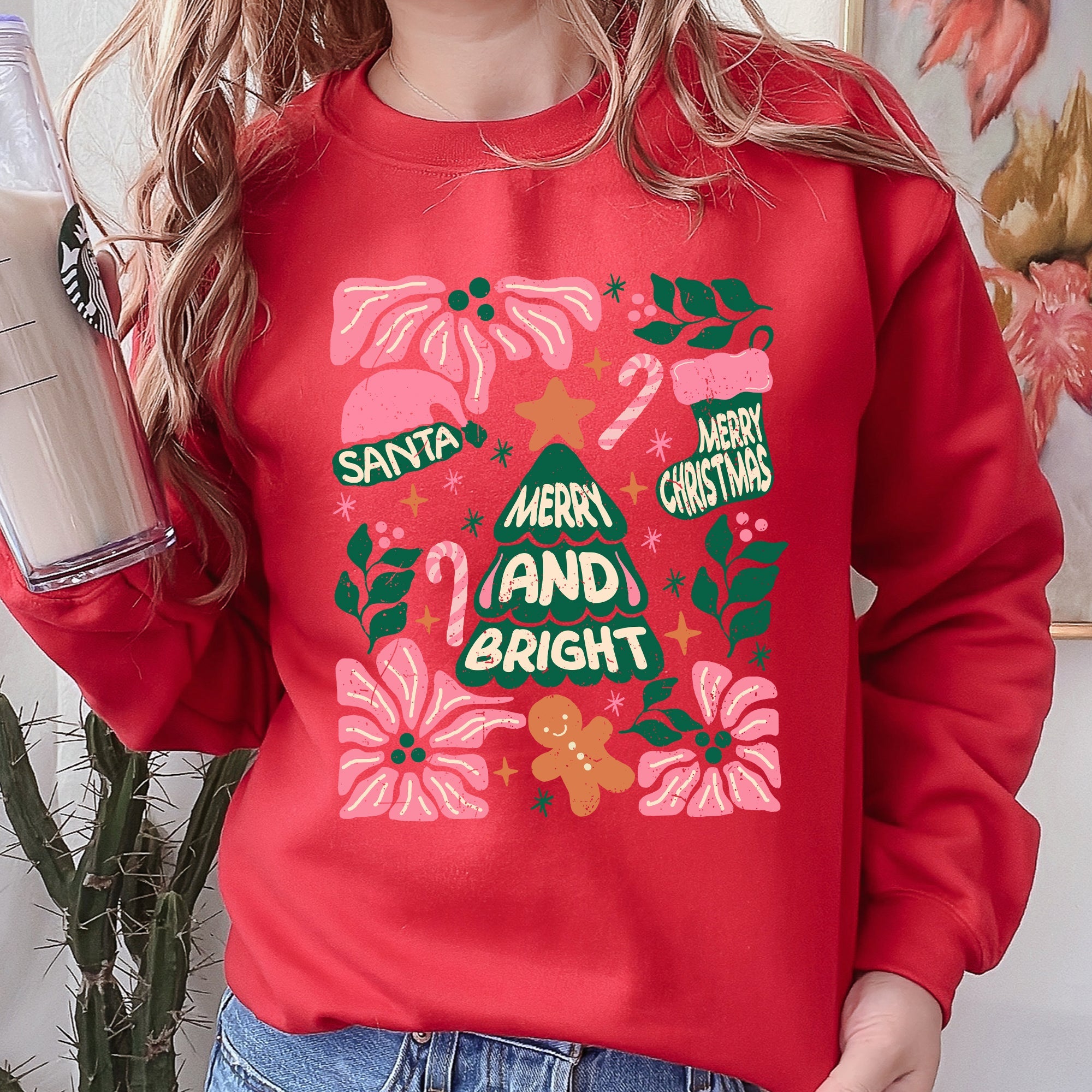 Pink Merry And Bright Candy Cane Tree Christmas Flowers Floral Holiday Design Sweatshirt