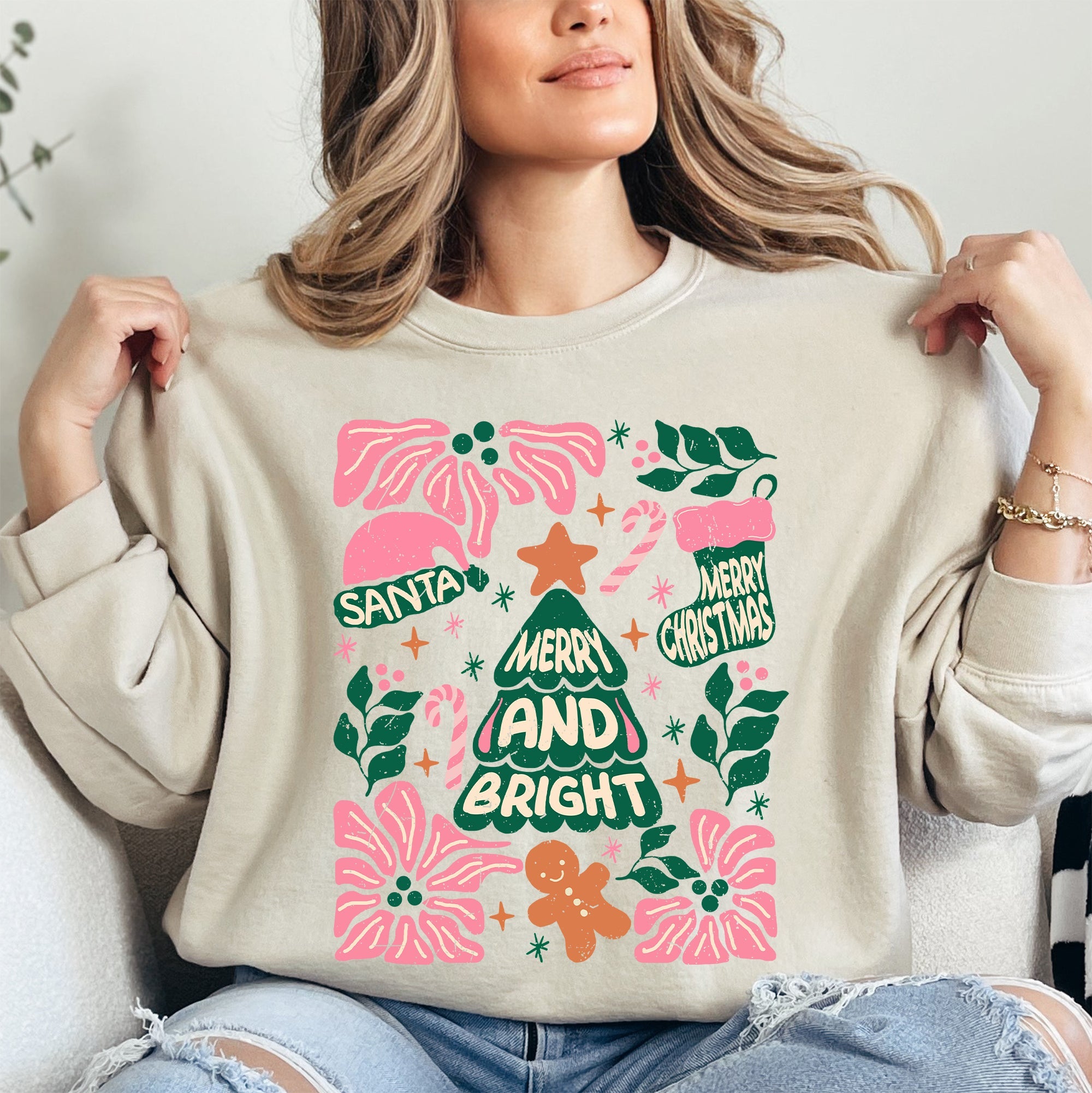 Pink Merry And Bright Candy Cane Tree Christmas Flowers Floral Holiday Design Sweatshirt