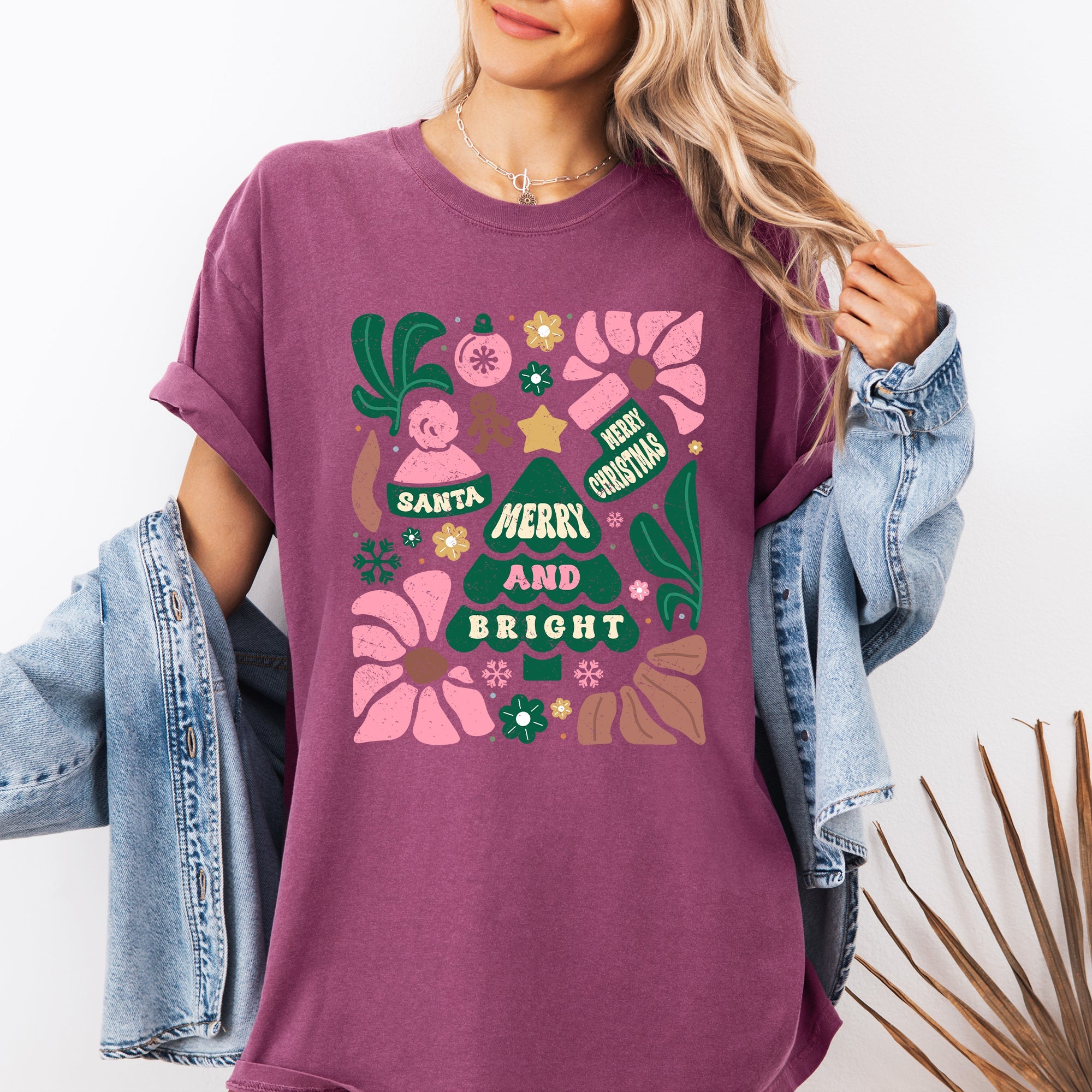 Merry And Bright Ornament Tree Christmas Flowers Festive Floral Holiday Design Comfort Colors Tee