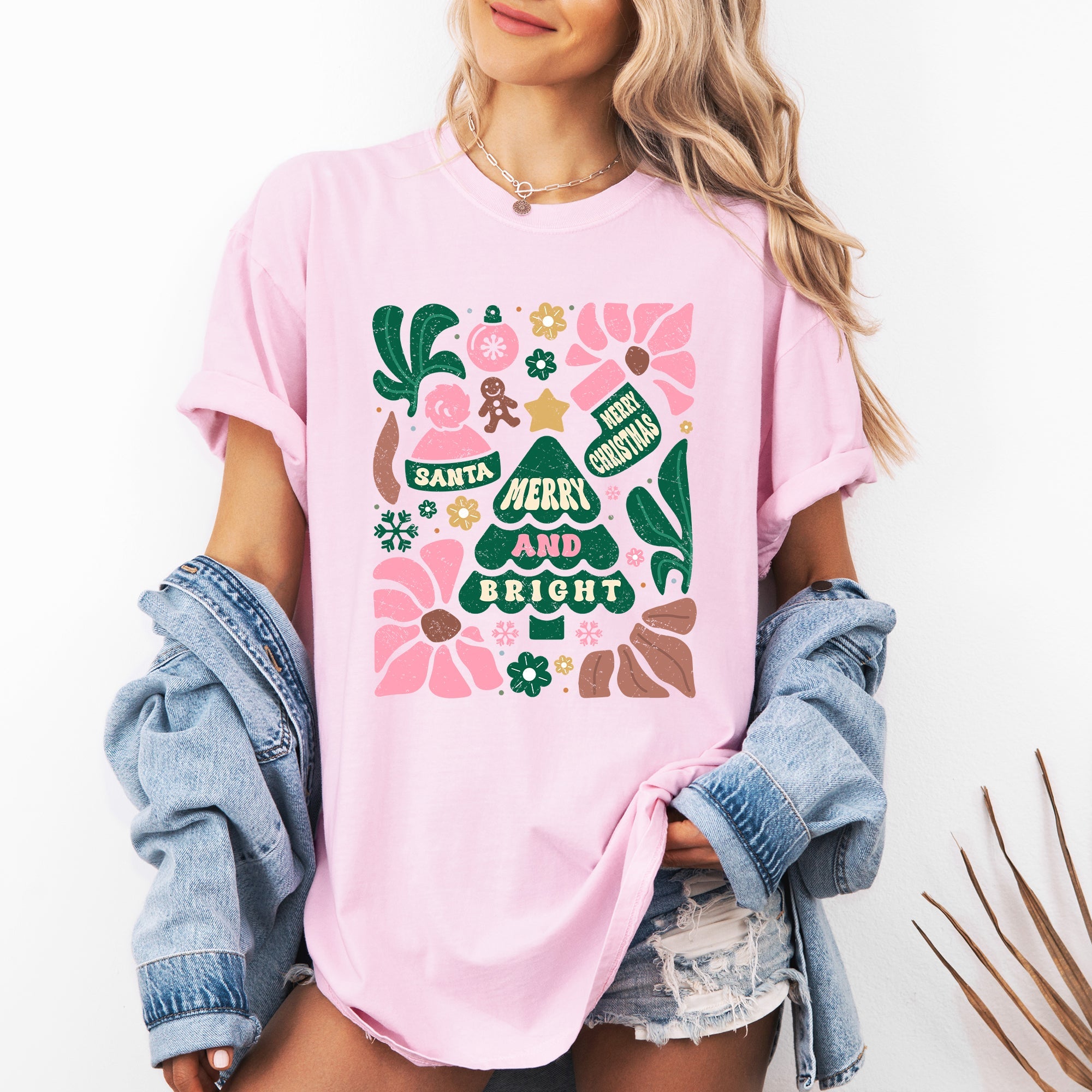 Merry And Bright Ornament Tree Christmas Flowers Festive Floral Holiday Design Comfort Colors Tee