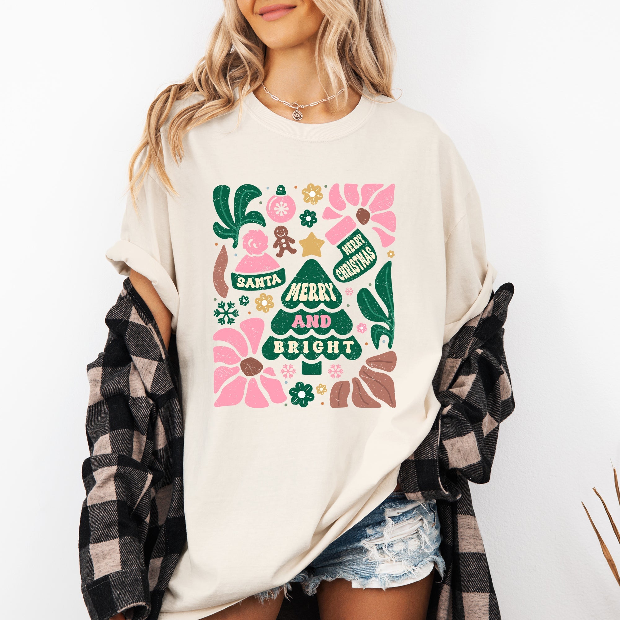 Merry And Bright Ornament Tree Christmas Flowers Festive Floral Holiday Design Comfort Colors Tee