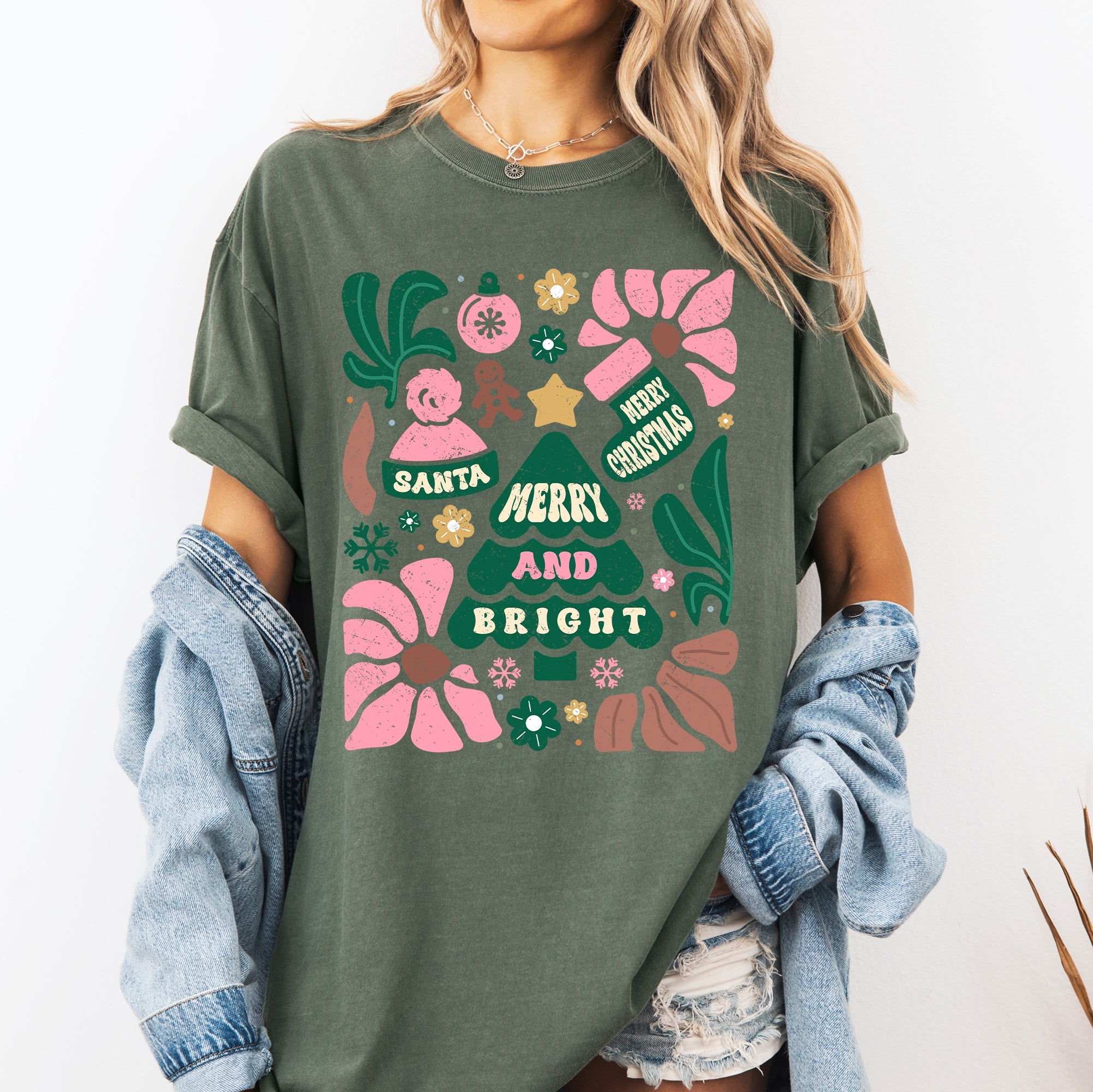 Merry And Bright Ornament Tree Christmas Flowers Festive Floral Holiday Design Comfort Colors Tee