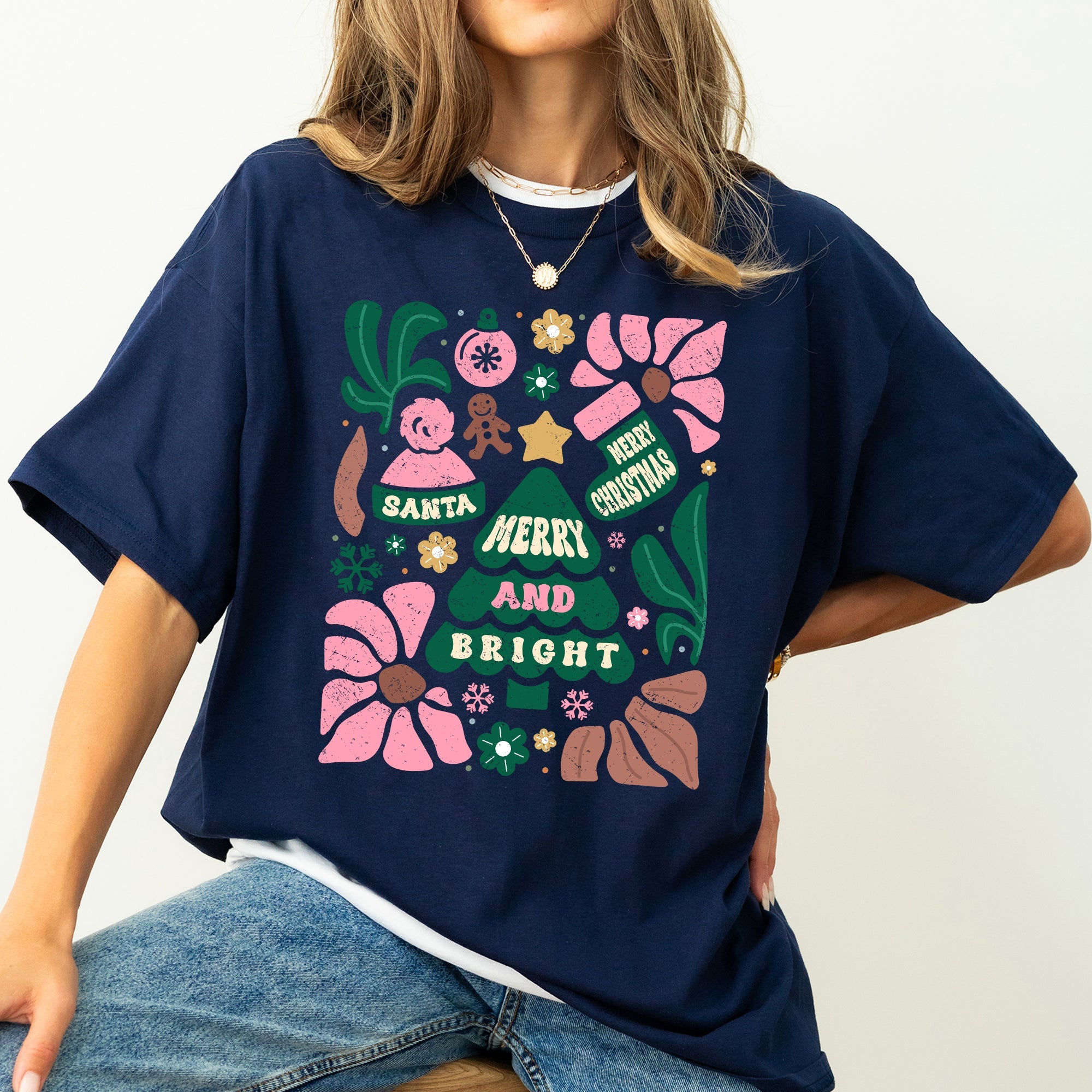 Merry And Bright Ornament Tree Christmas Flowers Festive Floral Holiday Design Comfort Colors Tee