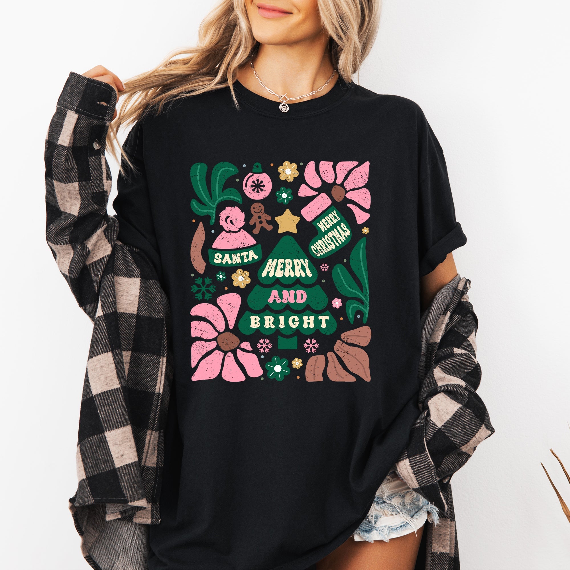 Merry And Bright Ornament Tree Christmas Flowers Festive Floral Holiday Design Comfort Colors Tee