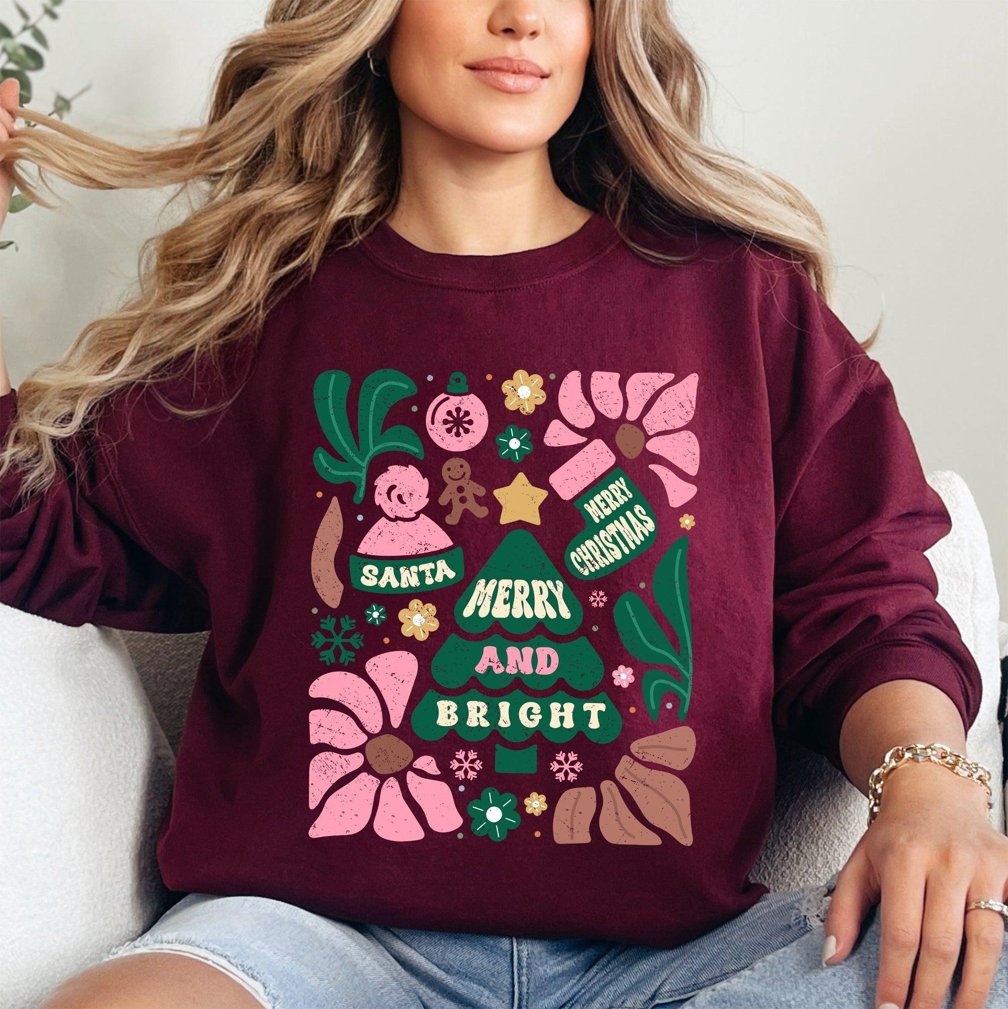 Pink Merry and Bright Ornament Tree Christmas Flowers Floral Holiday Edition Sweatshirt