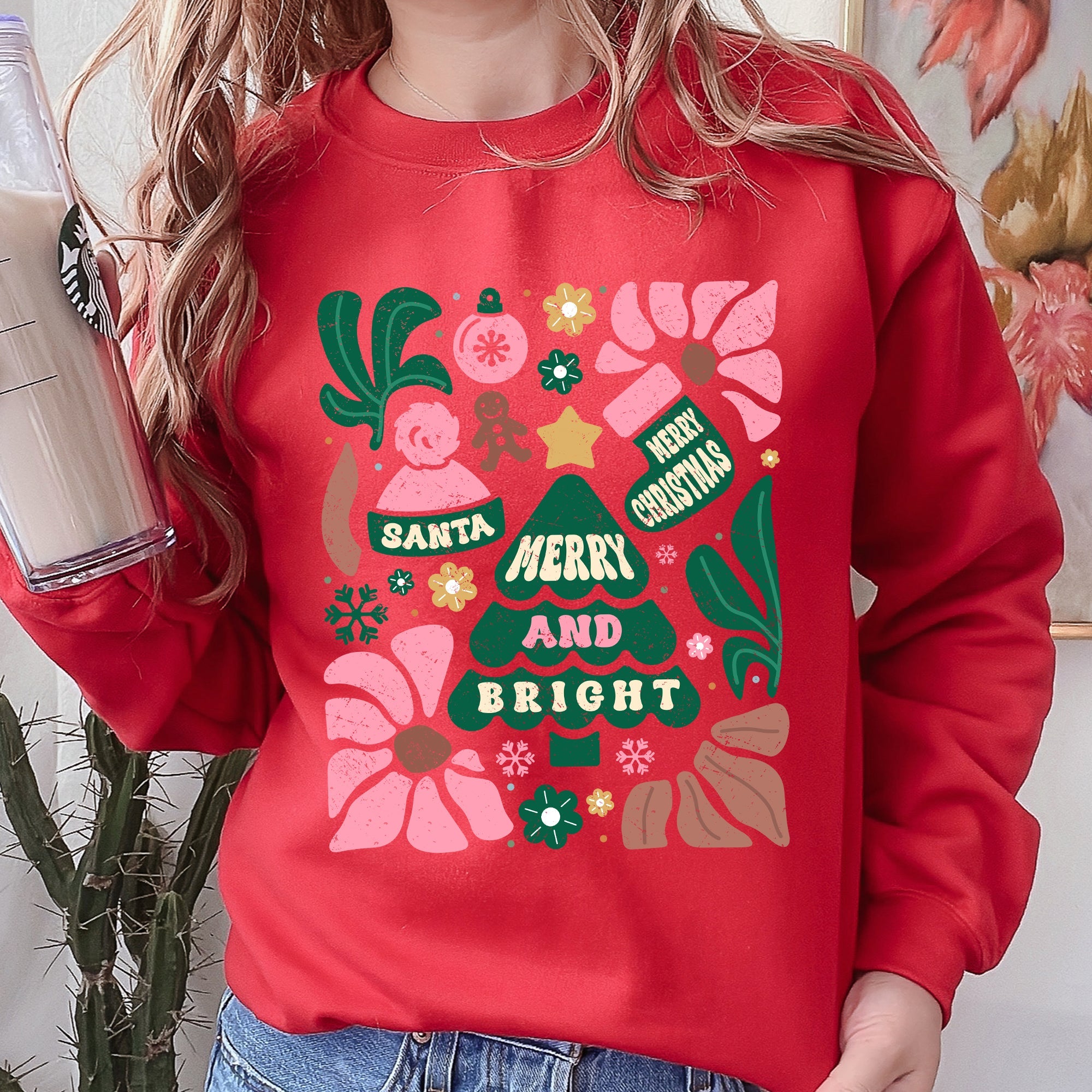 Pink Merry and Bright Ornament Tree Christmas Flowers Floral Holiday Edition Sweatshirt