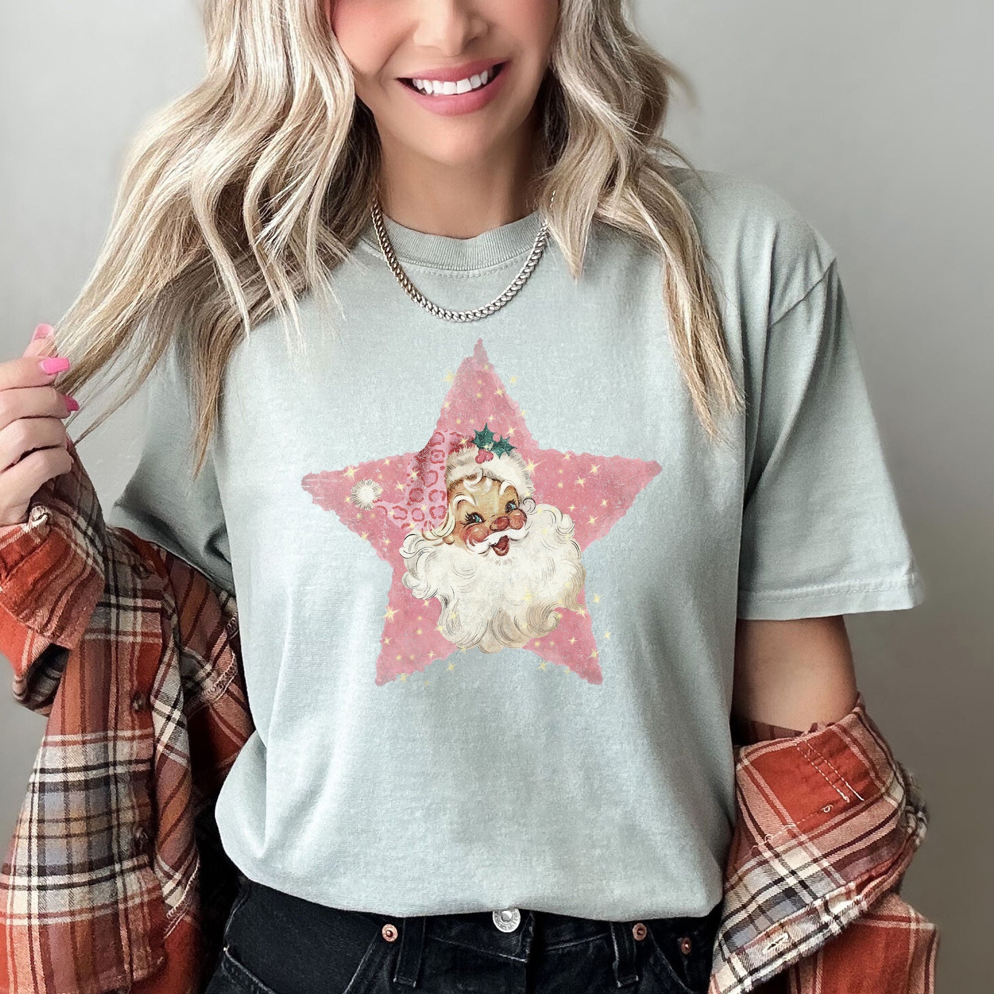 Pink Star Retro Santa Christmas Vintage Holiday Classic Ornament Metallic Glitter Finish Graphic Comfort Colors Tee