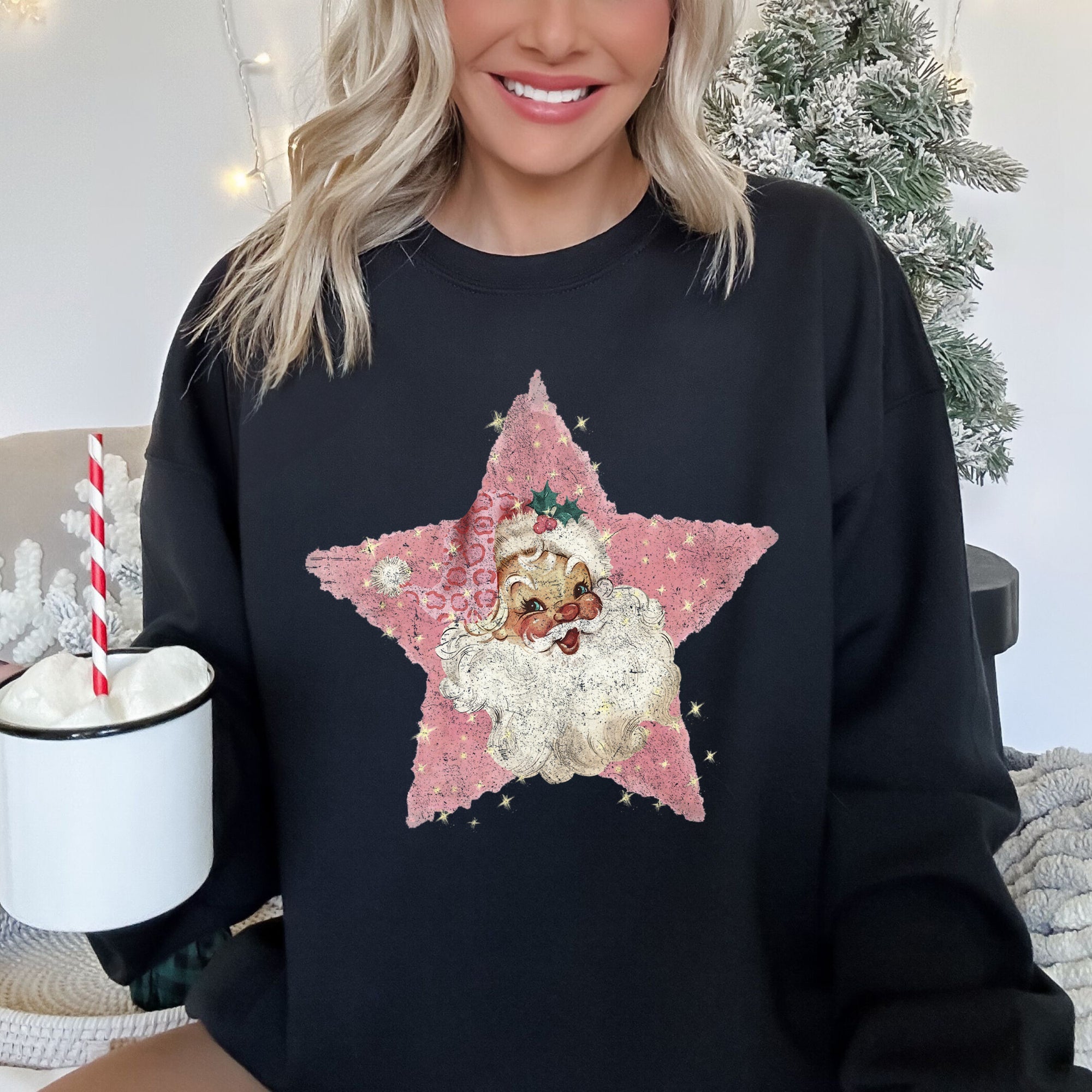 Pink Star Retro Santa Christmas Vintage Festive Holiday Pattern Illustration Sweatshirt
