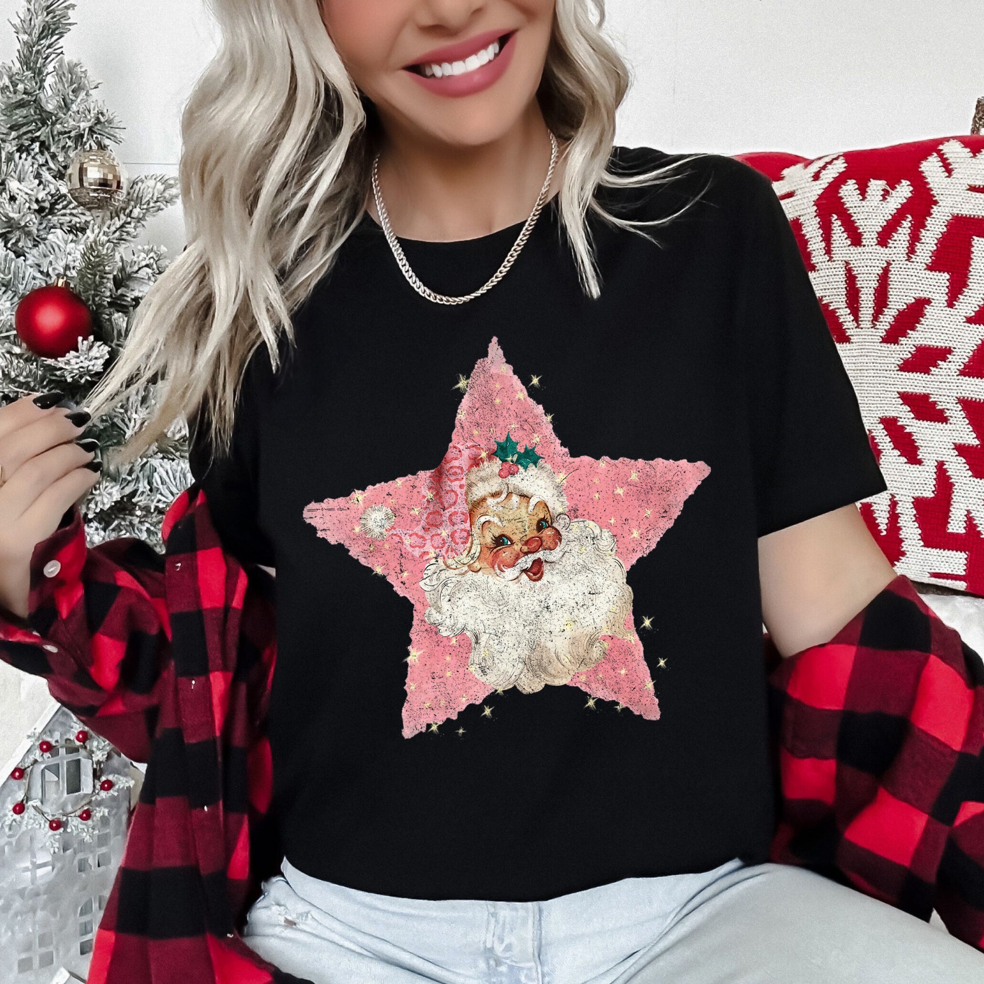 Pink Star Retro Santa Christmas Vintage Studio Art Illustration Design Graphic Tee